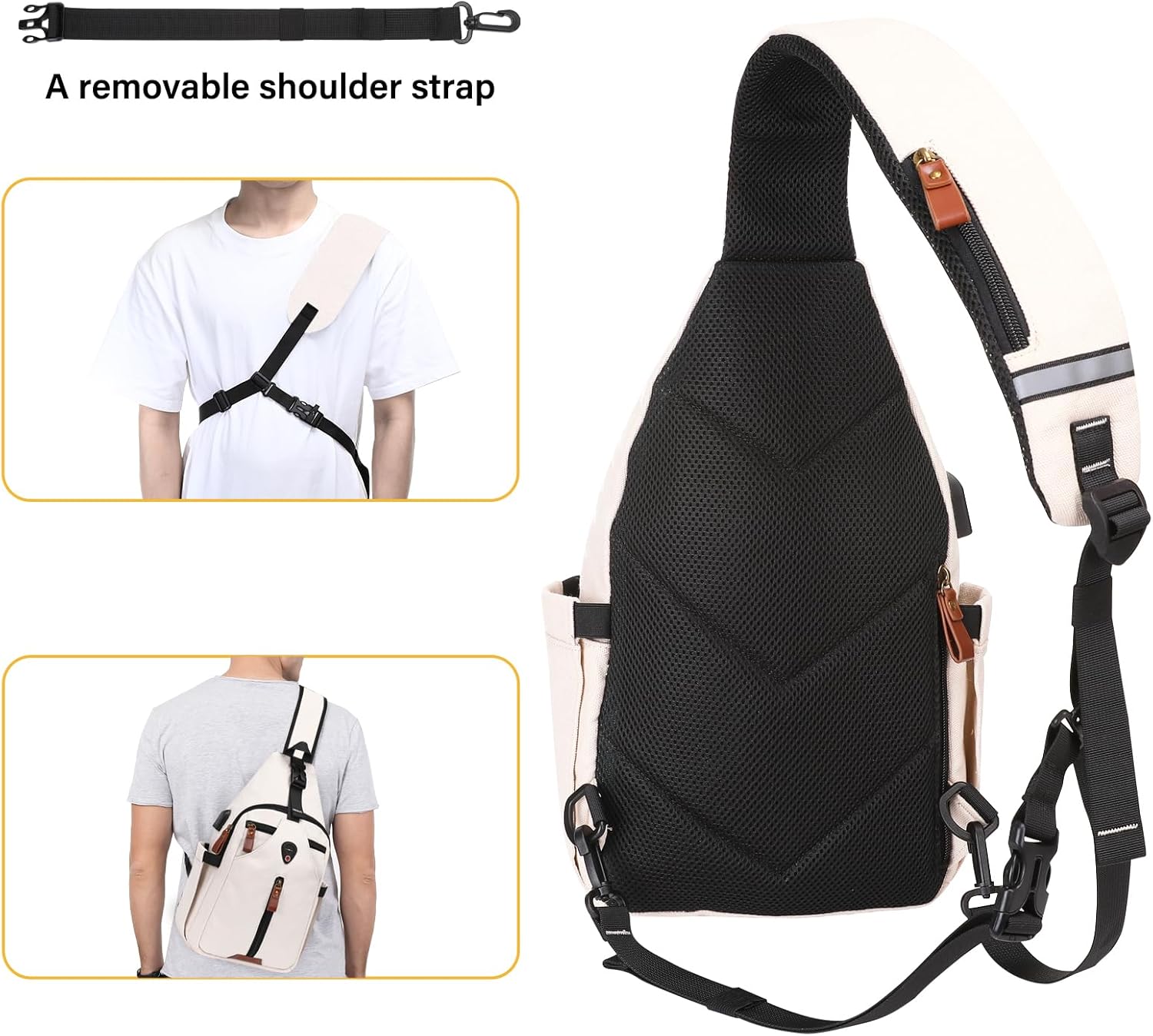 MOSISO Sling Backpack Travel Hiking Daypack, Vintage Canvas Crossbody Sling Chest Bag with USB Charging Port&Removable Strap - Image 5