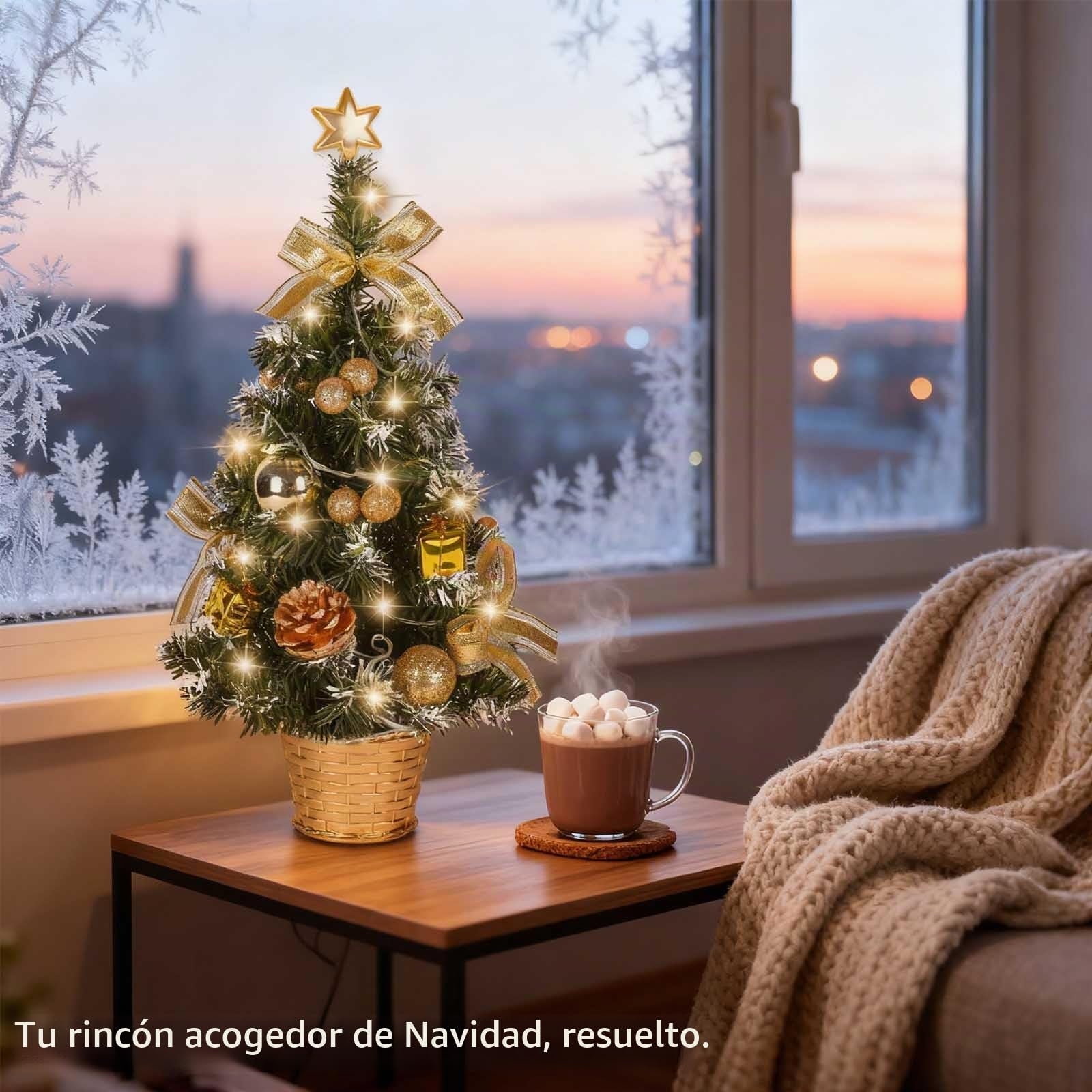 Árbol de Navidad pequeño Mrinb con Luces, Mini árbol de decoración de Escritorio para el hogar, Oficina, Bar de Compras, Dorado, Dorado