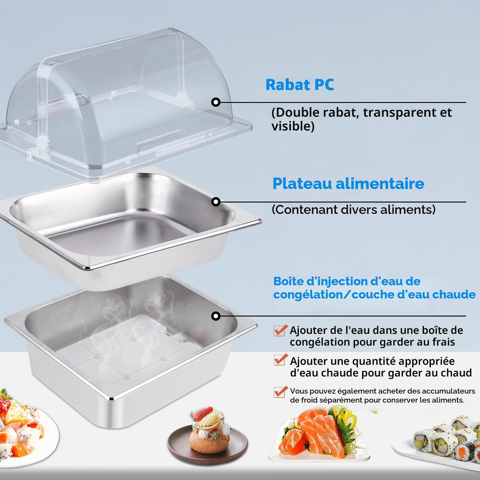 BAOSHISHAN Plateau de Service réfrigéré en Acier Inoxydable avec Couvercle de Conservation de la fraîcheur Plateau de Service réfrigéré pour Les fêtes, Les buffets, Les Snacks 33×27×25CM