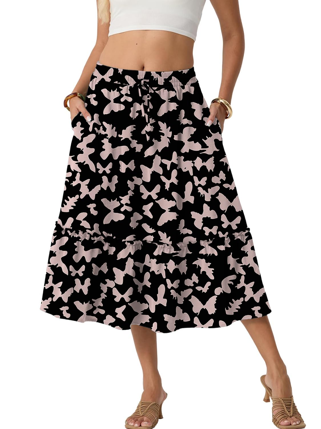 PrinStory Falda de verano larga para mujer, falda de verano de cintura alta, falda midi con bolsillos con cordón, ligera y aireada