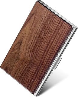 MaxGear Walnut Wood Business Card Holder for Men & Women, Professional Walnut & Stainless Steel Card Case for Business Cards, Slim Name Cards Holders with Interior Lining, Buckle Style Shut, Black
