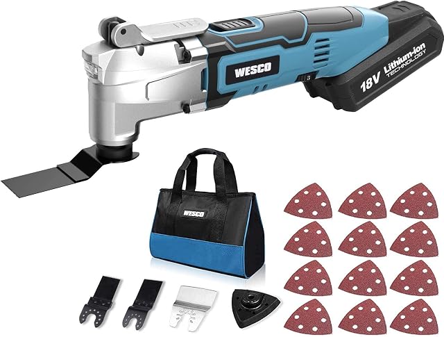 WESCO Oscillating Multi Tool, 6 Variable Speed 18V Powerful Cordless Oscillating Tool Set with 16 Accessories, Quick Change Blade for Sanding Cutting Grinding Scraping