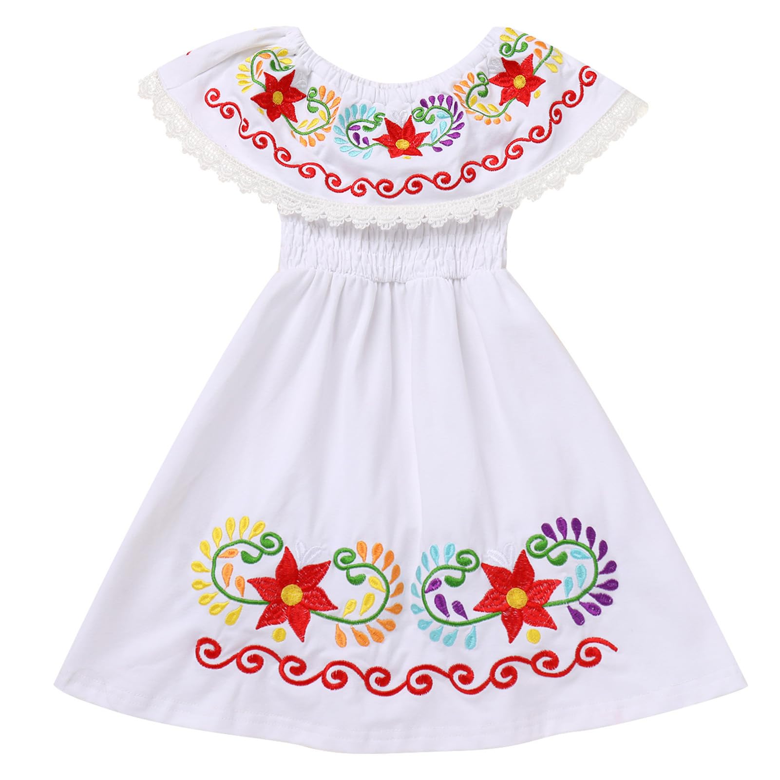 IDOPIP Toddler Baby Girls Mexican Dress Embroidered Floral Off Shoulder Dresses Summer Ruffle Kids Birthday Party Dresses