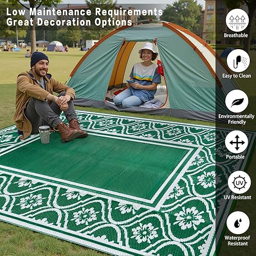 Miniatura 78 de HUGEAR Alfombra impermeable de plástico para exteriores, 5 x 8 pies, lavable, reversible, alfombra a rayas de arco iris, para camping, caravana
