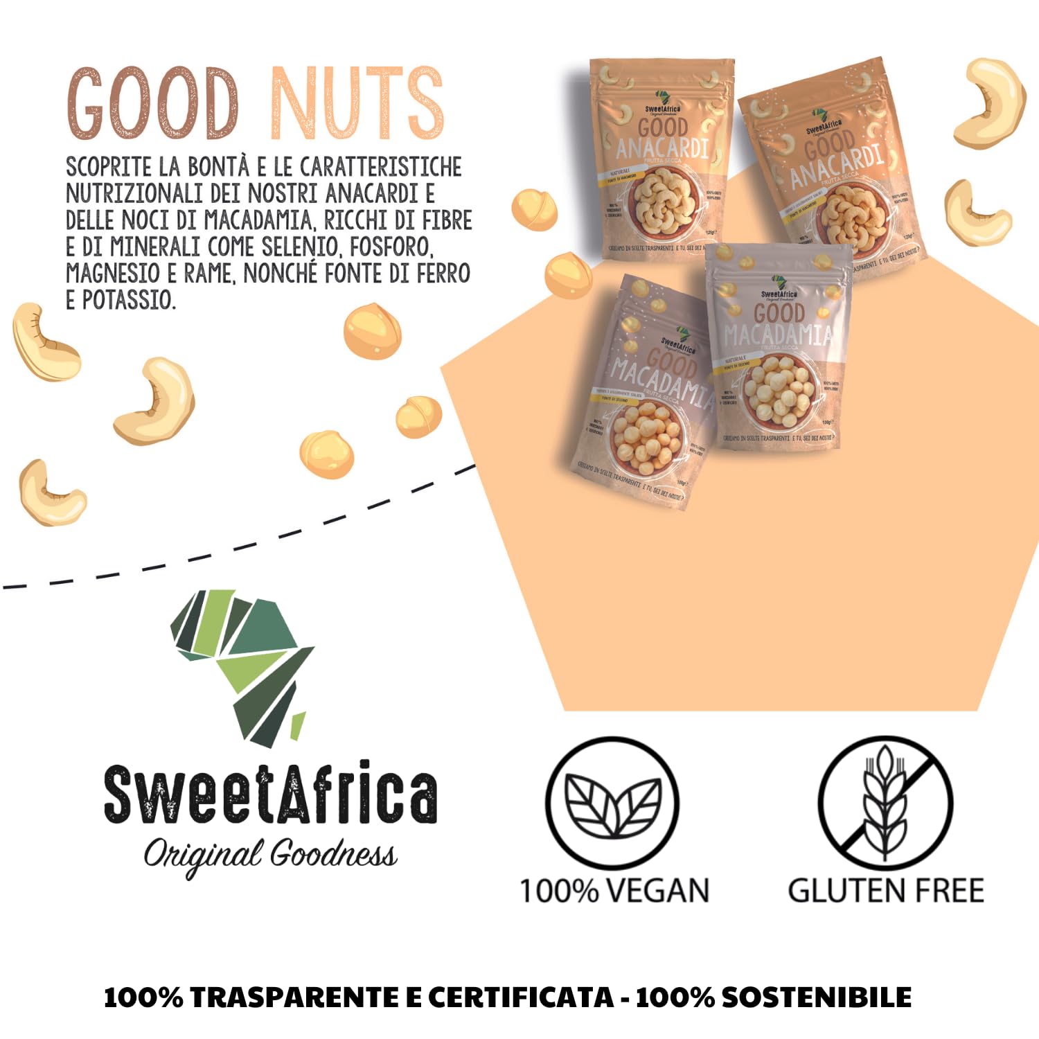 SweetAfrica - Good Macadamia Naturale - Snack di frutta secca - 100g x 6pz