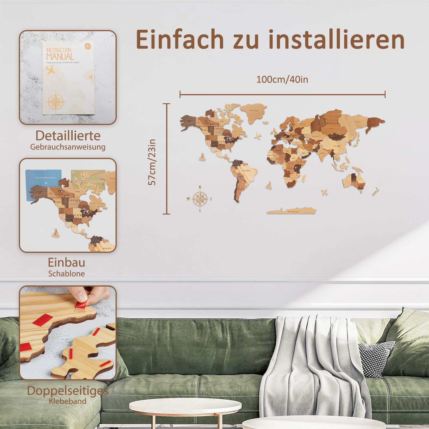 Creawoo Hölzerne 3D Weltkarte Wanddekoration, Mehrschichtige Hölzerne Karte Wandnust für Haus & Büro, Mehrfarbige Reisekarte aus Holz, Perfekt für Kreatives Geschenk-100x57cm