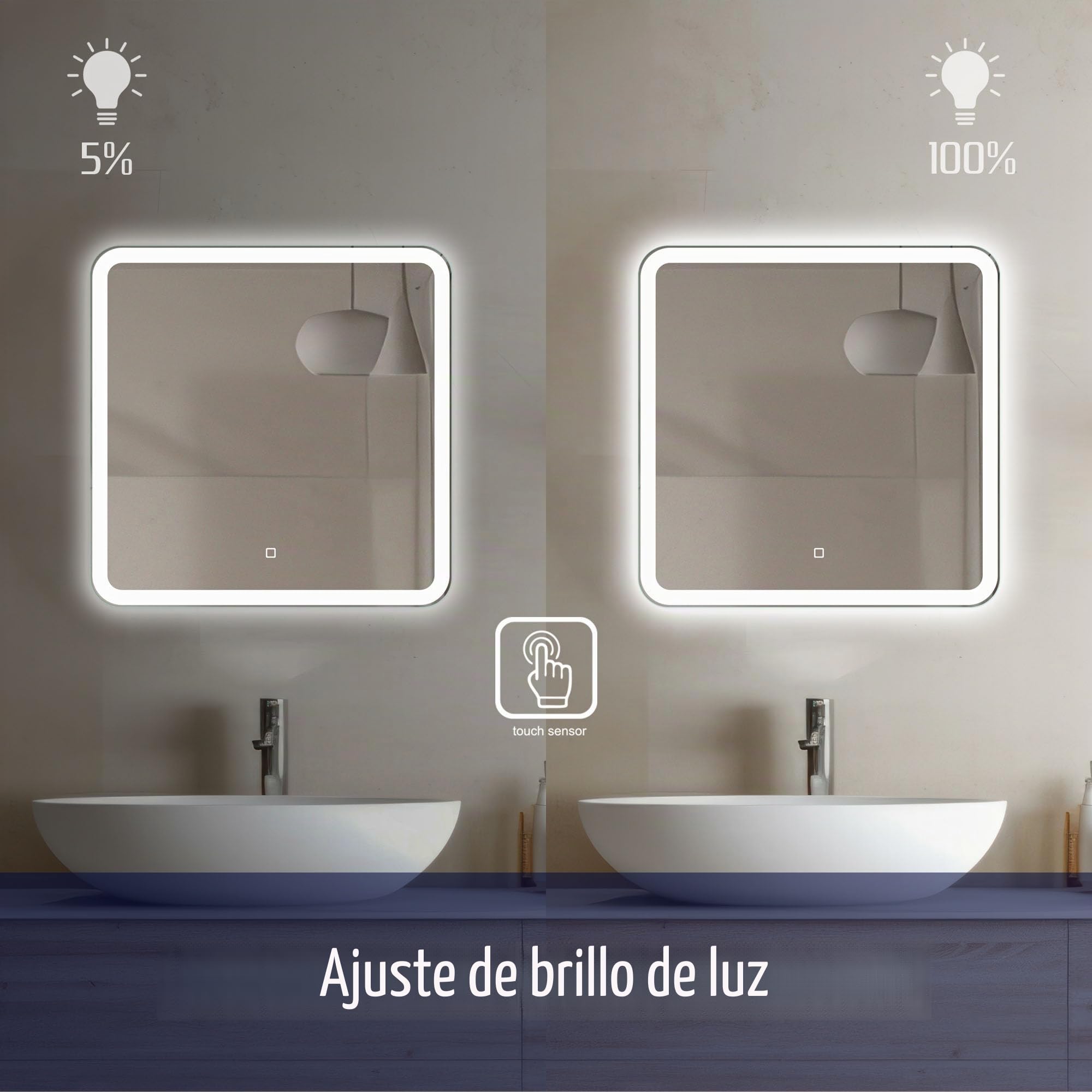60x60 cm Espejo de Baño Cuadrado con Luces LED Espejo de Baño Iluminado Espejo de Tocador Esquinas Redondeadas Cuadrado con Luz LED Frontal en Blanco Natural