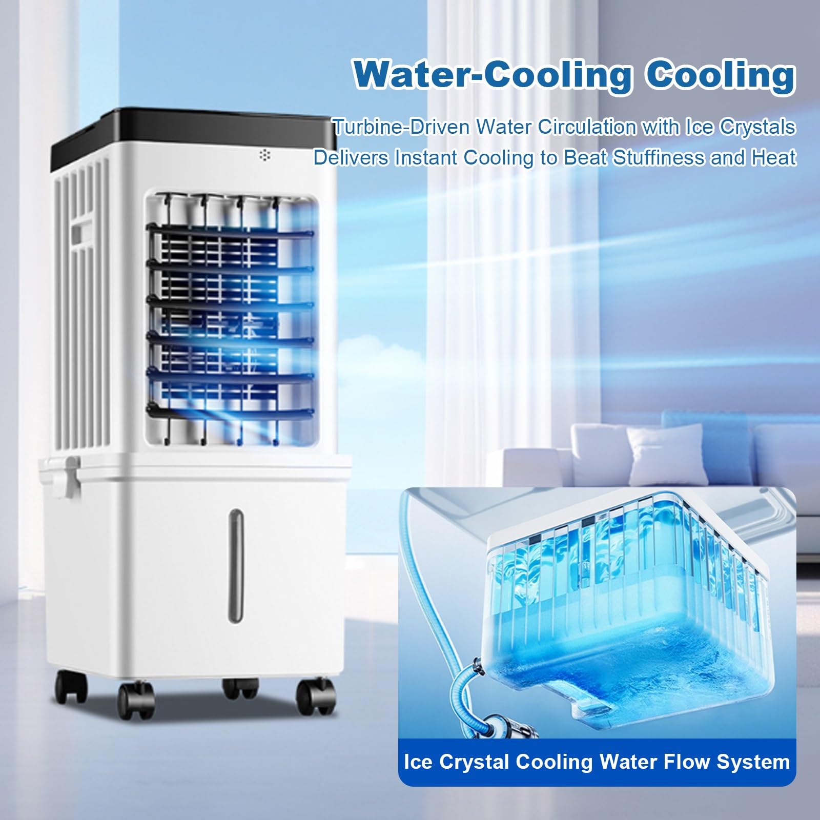 Climatizador Evaporativo Portátil de 3 Velocidades, Enfriador de Aire Silencioso con Llenado Superior, Ruedas y Acumuladores de Hielo para Habitación, Hogar, Oficina