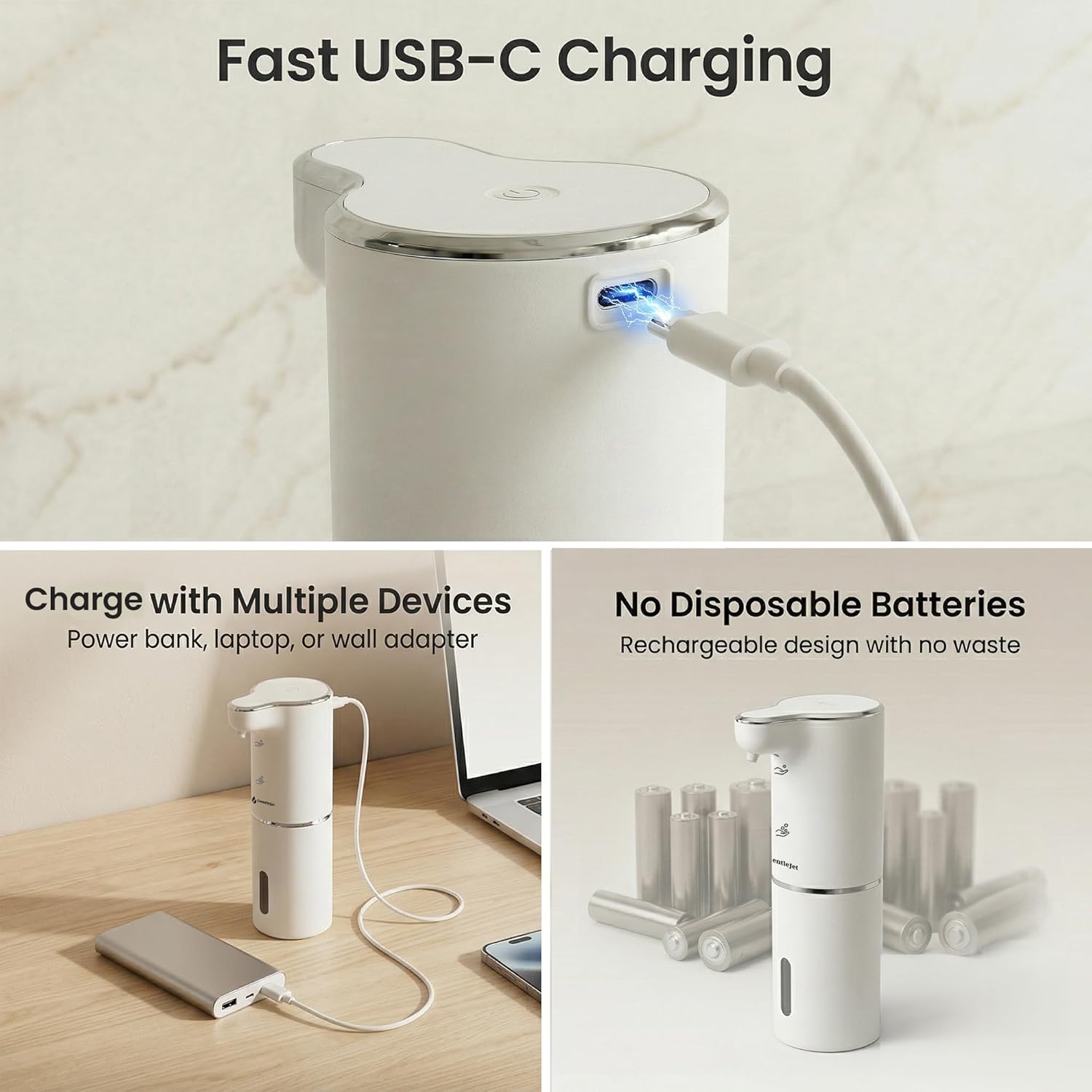 GentleJet JetFoam Automatic Foam Soap Dispenser – Touchless Sensor, USB-C Rechargeable, Adjustable Output, IPX5 Waterproof, 300 ml, Bathroom & Kitchen Countertop