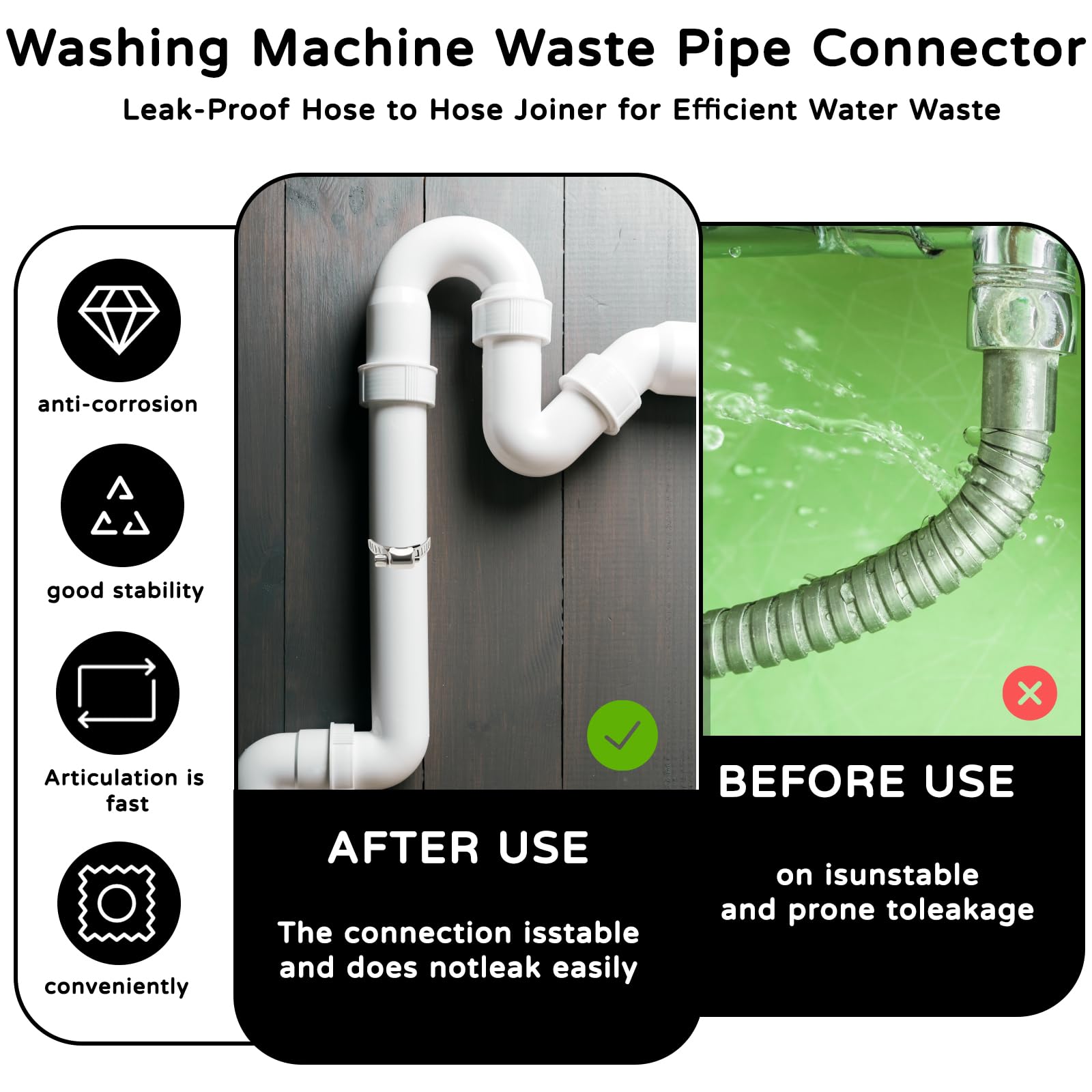 Washing Machine Waste Pipe Connector, Washing Machine Hose, 9-Piece Kit with 3 Pipes and 6 Accessories - Image 4