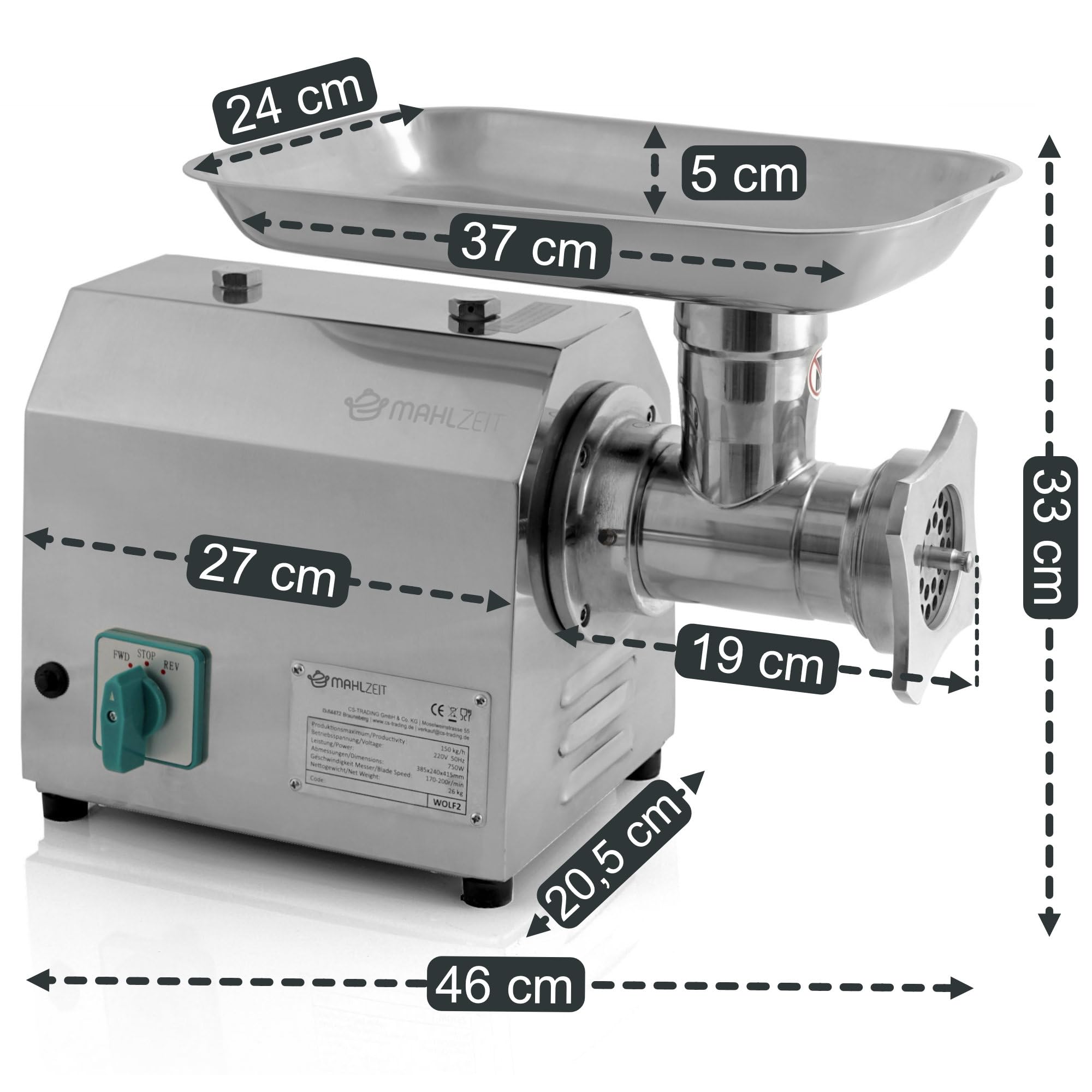 Mahlzeit Picadora Eléctrica de Carne Profesional de Acero Inoxidable | 750 W - 150 kg/h | Máquina para Embutir para Gastronomía | Embutidora | Máquina para Rellenar Salchichas, Picadora