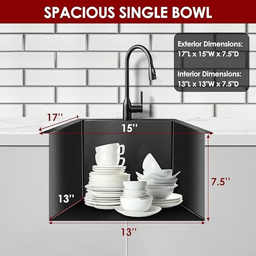 Miniatura 3 de Fregadero de cocina de 17 x 15 pulgadas con caída en la parte superior, fregadero de barra de acero inoxidable calibre 16, estación de trabajo de un