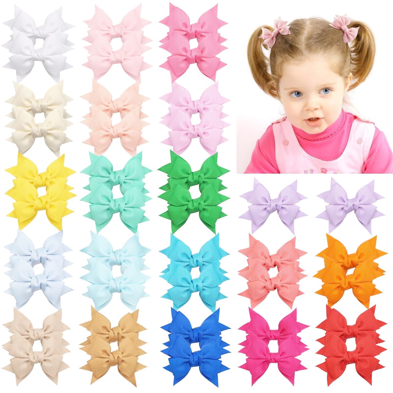 40Pcs Hair Bows for Girls 3.5 inch Pigtail Bows Alligator Clips for Baby Girls Toddlers Dovetail Grosgrain Ribbon Bow Clips 20 Colors in Pairs
