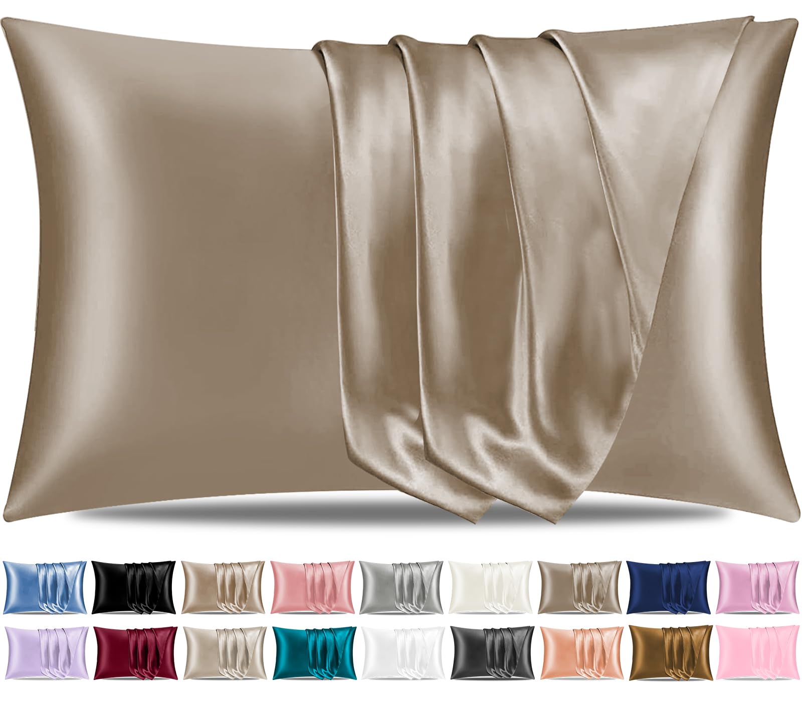 Pamposh Khaki Satin Silk Pillowcases For Hair And Skin 2 Pack Standard Size With Envelope Closure (2 Pcs Pillowcases (50 X 75 Cm), )