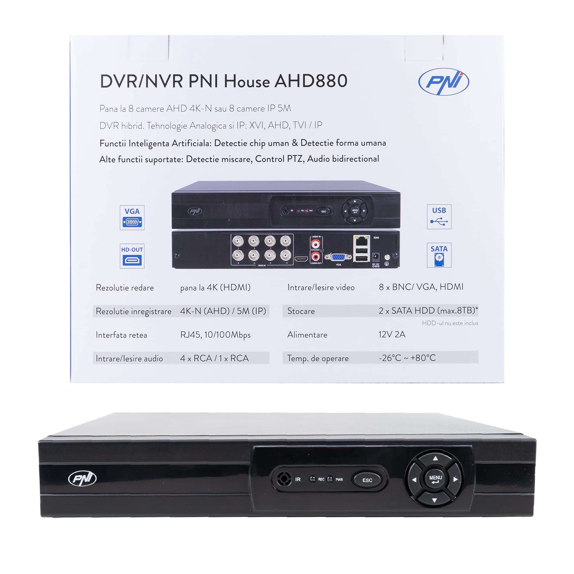 DVR/NVR PNI House AHD880, 8 canali analogici 4K-N o 8 canali 5MP, H265+, ingresso audio, uscita audio, USB2.0, 2 x SATA max 8TB
