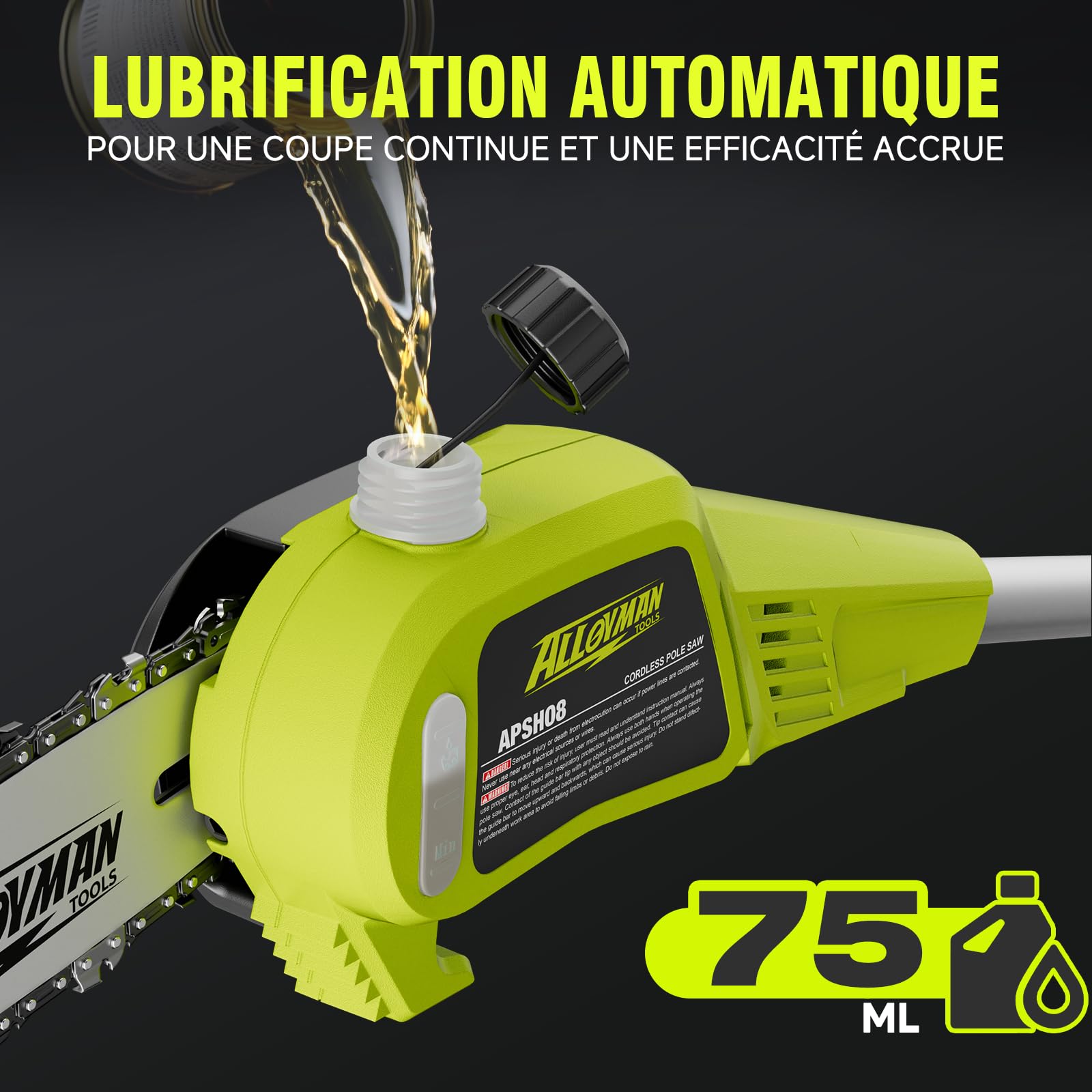 Alloyman Élagueur sur perche sans fil 20V MAX, élagueuse électrique avec tube d’extension, 2 batteries 20V 4,0 Ah et chargeur, lame de 20 cm, 4KG, vitesse de chaîne 5,5 m/s, lubrification automatique