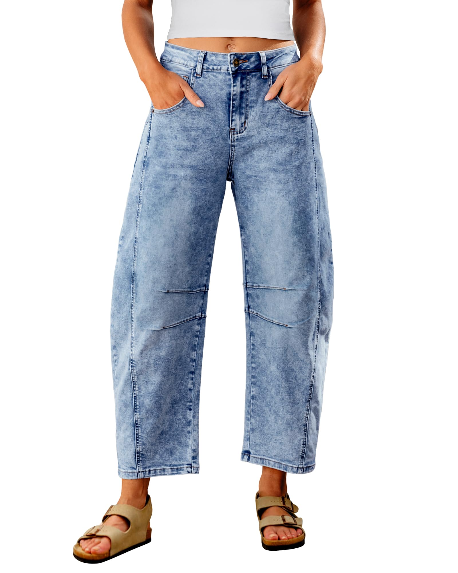 Utyful Barrel Jeans Women Cropped Baggy Trendy High Waisted Distressed Loose Stretch Denim Trouser Jeans with Pockets, Reef Blue, XL