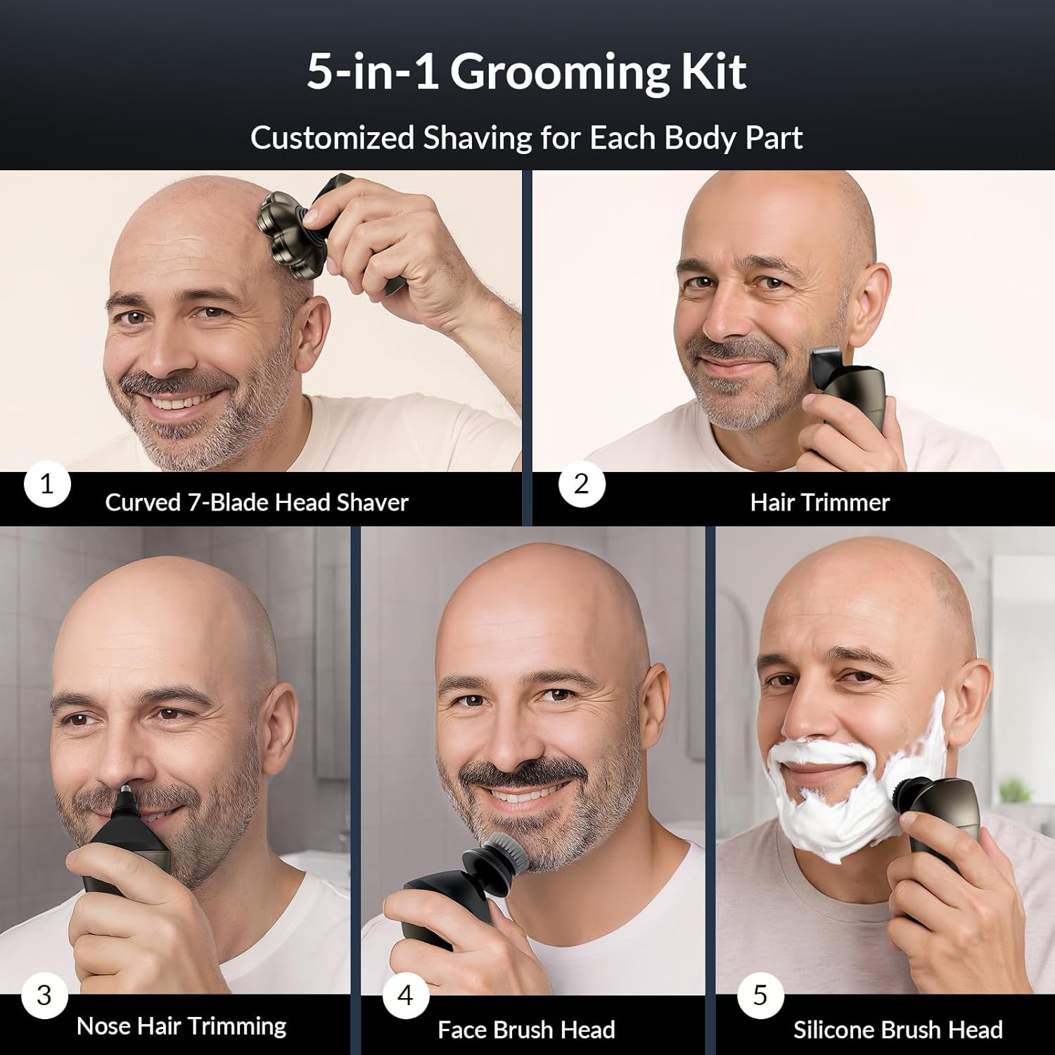 Man demonstrating the 5-in-1 grooming kit attachments