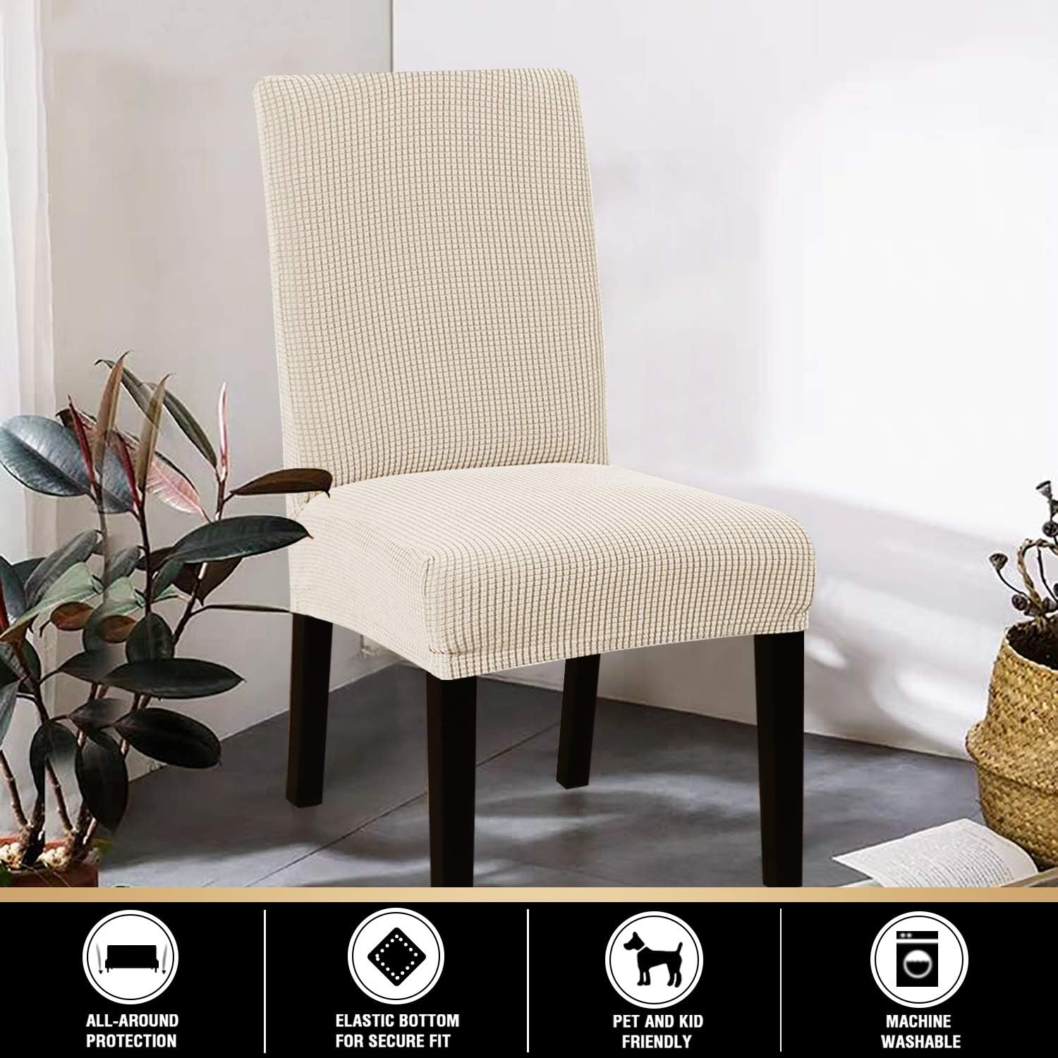 🛒 Flаѕh Sаlе Stretch Dining Chair Covers Set of 2 Parson Chair Covers for Dining Room Chair Slipcovers Chair Protectors Covers, Feature Textured Checked Thick Jacquard Fabric, Biscotti Beige
