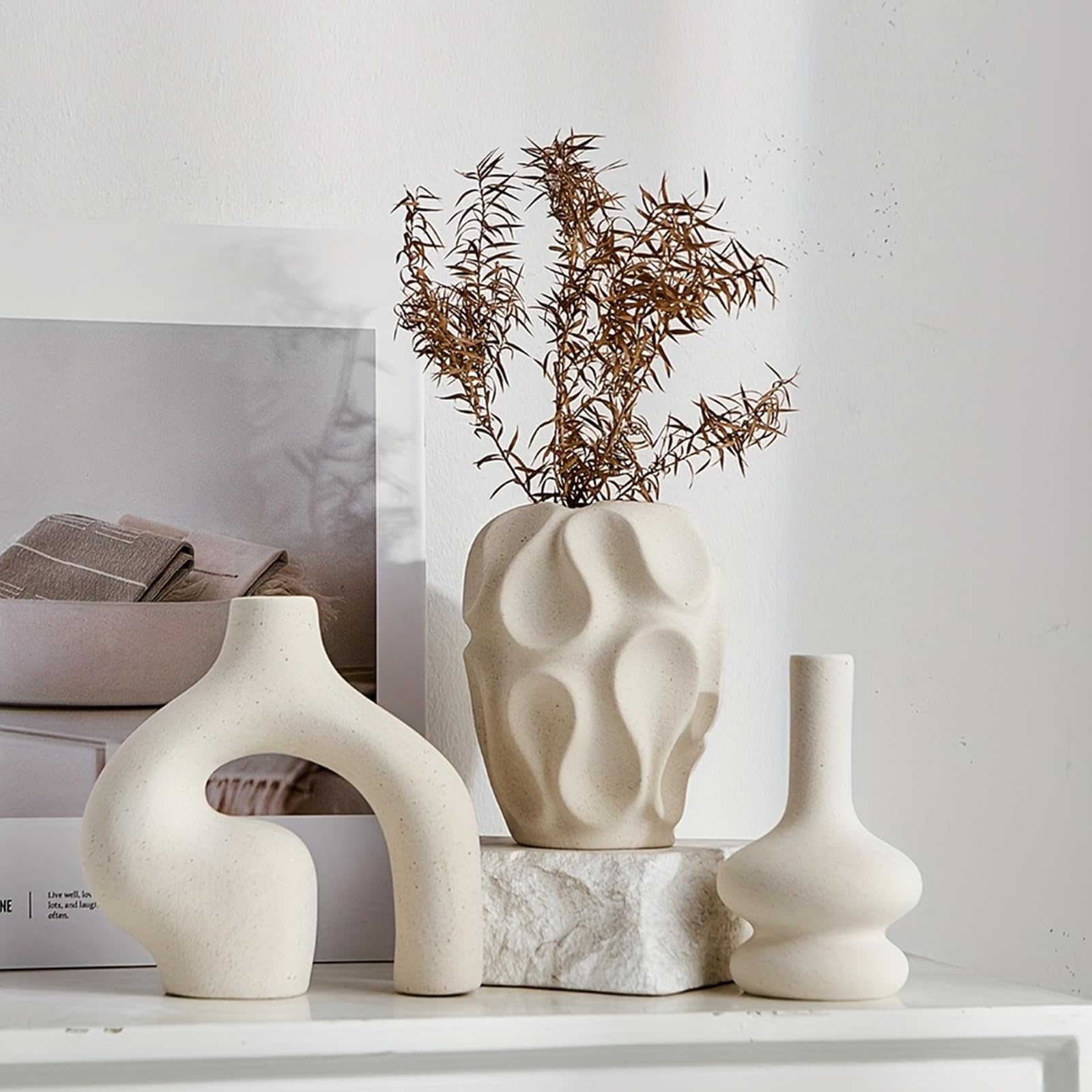 Jarrones decorativos para salón Juego de 3 floreros de cerámica estilo boho chic