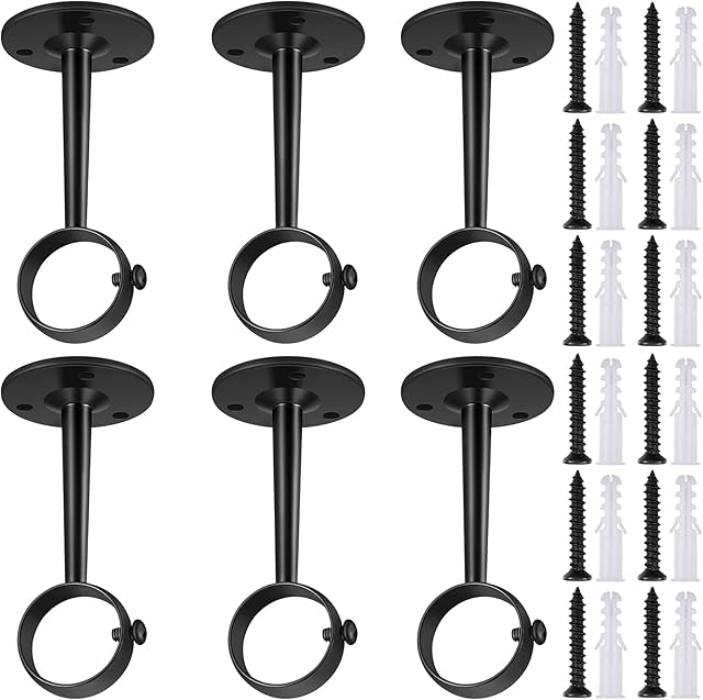 Hotop 6 Pieces Ceiling-Mount Curtain Rod Bracket Adjustable Black Curtain Rod Holders Wardrobe Pole Holder for Home Kitchen Shelf Closet Shower Wall Window Room with 18 Pieces Screws