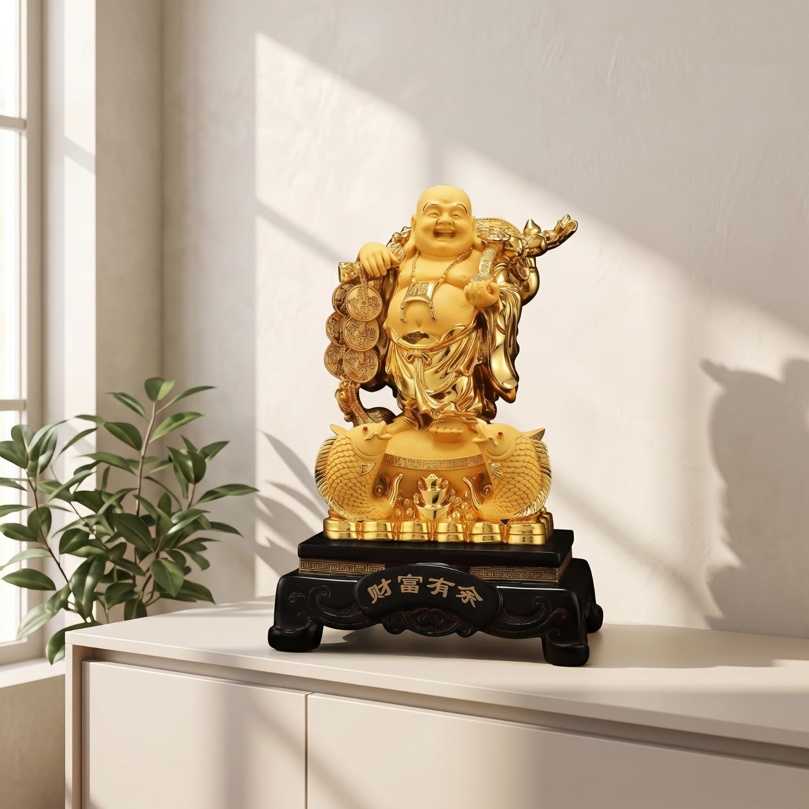 Buddha Statue Buddha Figur Buddha Skulptur Dekofiguren mit Schildkröte aus Harz in Goldoptik Symbol für Reichtum Und für Büro Zuhause, 24 Zoll, Glücksdrache Buddha Panlong Buddha, Sandgold