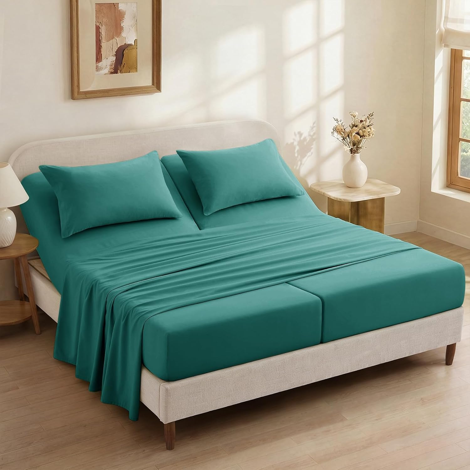 P Pothuiny 5-Piece Split King Sheets Set, Teal Soft Microfiber Split King Sheets Sets for Adjustable Bed, Wrinkle Free & Breathable with 2 Deep Pocket Fitted Sheets, 1 Flat Sheet, 2 Pillowcases