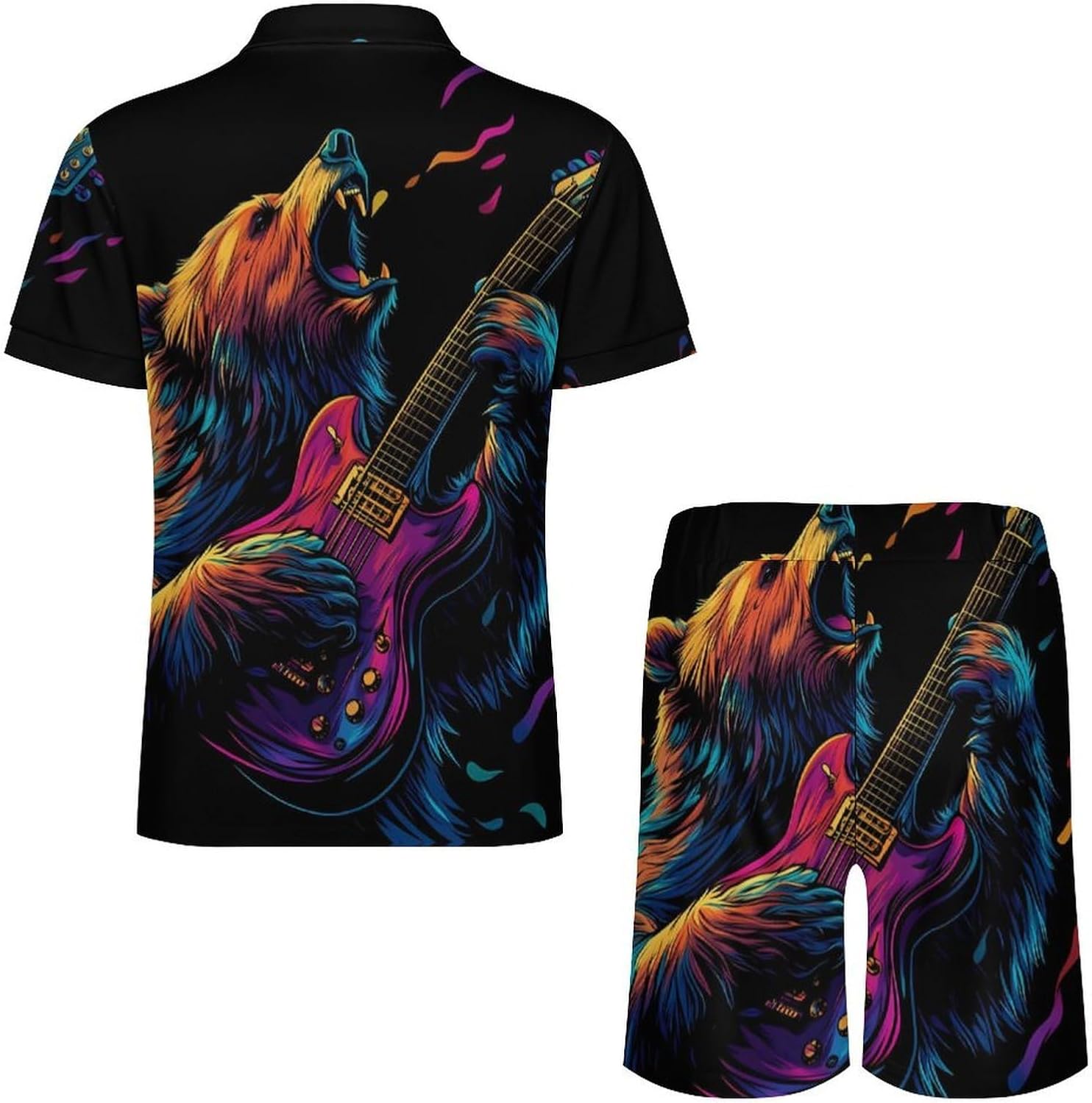Wild Bear Playing Guitar Mens Polo Shirts Track Suits 2 Piece Short Sleeve Sweatsuit 1/4 Zip Golf Loungewear for Sports