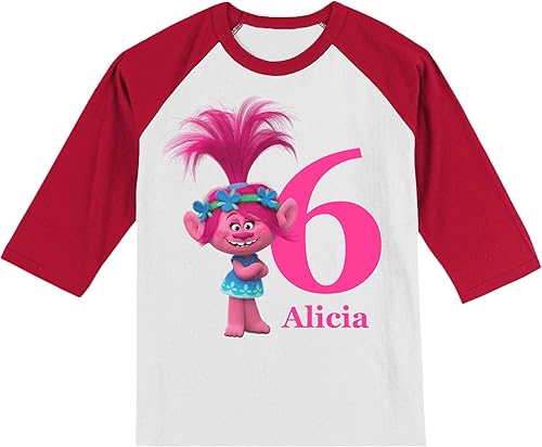 Miniatura 2 de Personalized Troll Birthday Shirt for Girls | Handmade Decorated Shirt | Personalized with Name and Age | Unisex 3/4 Sleeve Raglan T-Shirt | #1148