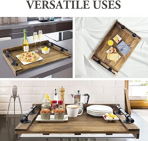 Miniatura 6 de MyGift Cubierta superior de estufa de madera quemada rústica oscura  Tabla de fideos Jumbo Bandeja decorativa para servir casa de campo con asas