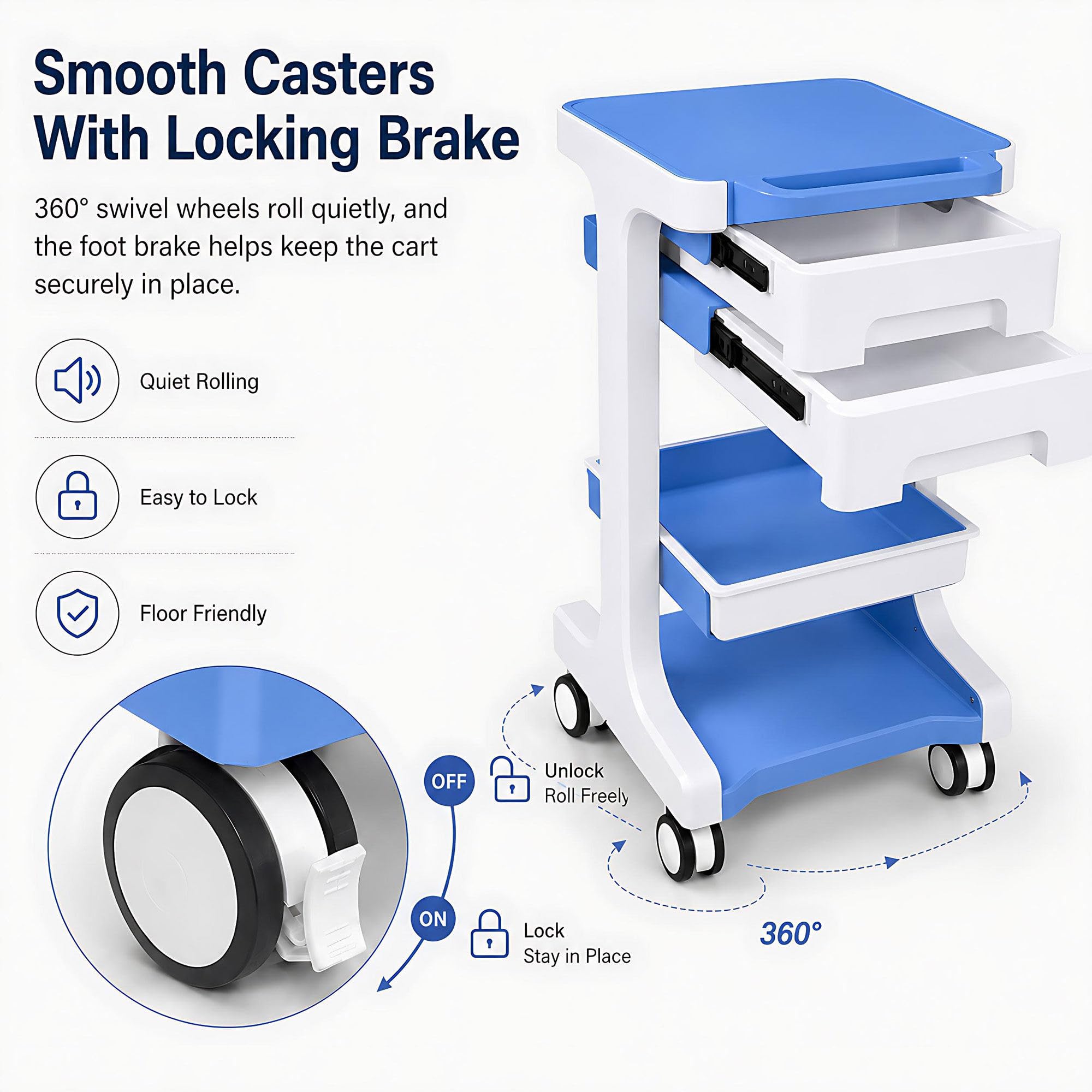 Carrito laboratorio 3 pisos 2 cajones, 50 kg, frenos, para estética Blue | Diseño compacto que ahorra espacio. Ideal para hospitales, clínicas, centros de estética, peluquerías y laboratorios.