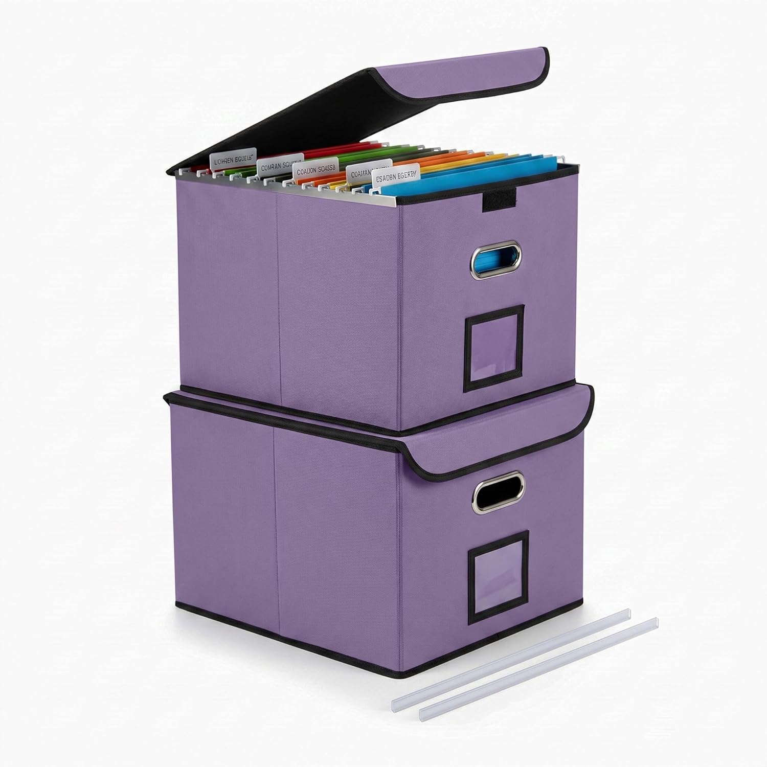 File Organizer Box with Lid, Large Hanging File Folder Organizer with Plastic Slide, Collapsible Portable Filing Storage Boxes for Office/Decor/Home (Light Purple, 14.9 x 12.59 x 10.8 inch, 2-Pack)