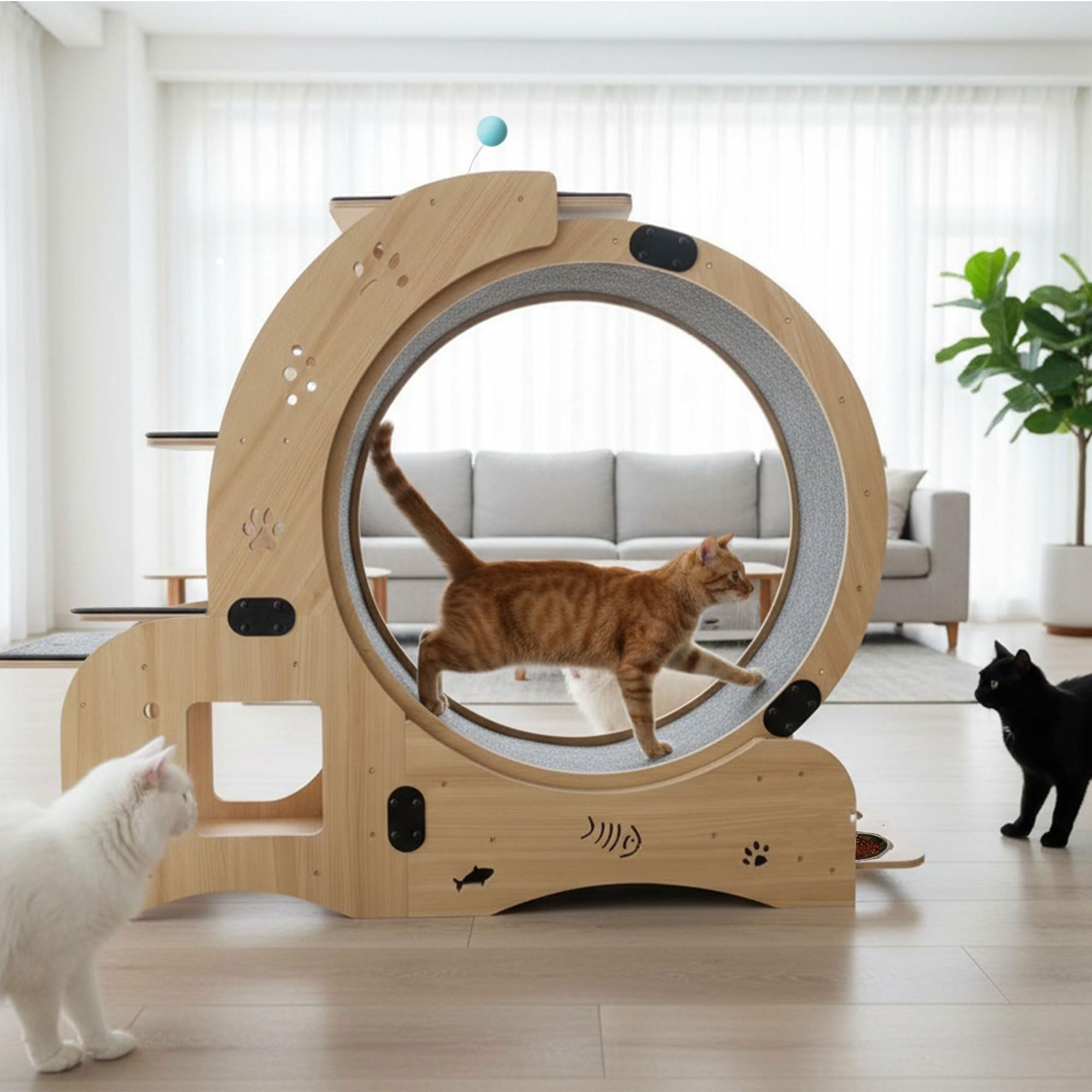 55" cat Wheel，cat Wheels for Indoor Cats，with Cat Bed, Scratching Board, Detachable Mat, Climbing Frame, Nest & Toys,6 in 1 Large Cats Treadmill，for