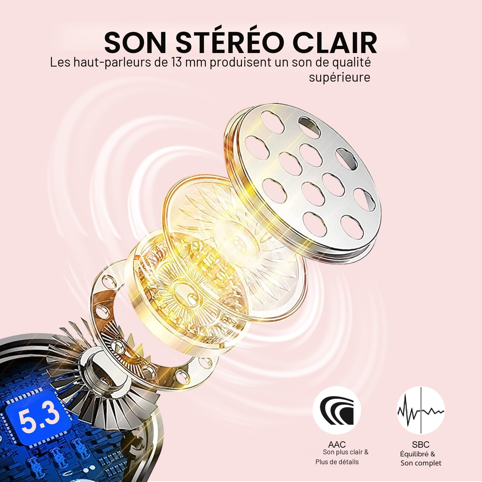 Ecouteurs Bluetooth sans Fil,2023 5.3 ENC Réduction Casque,40 Heures Durée de Lecture Écran LED,Hi-FI Son Stéréo,IP7 Étanche,Contrôle Tactile Oreillette Bluetooth W23 Or Rose