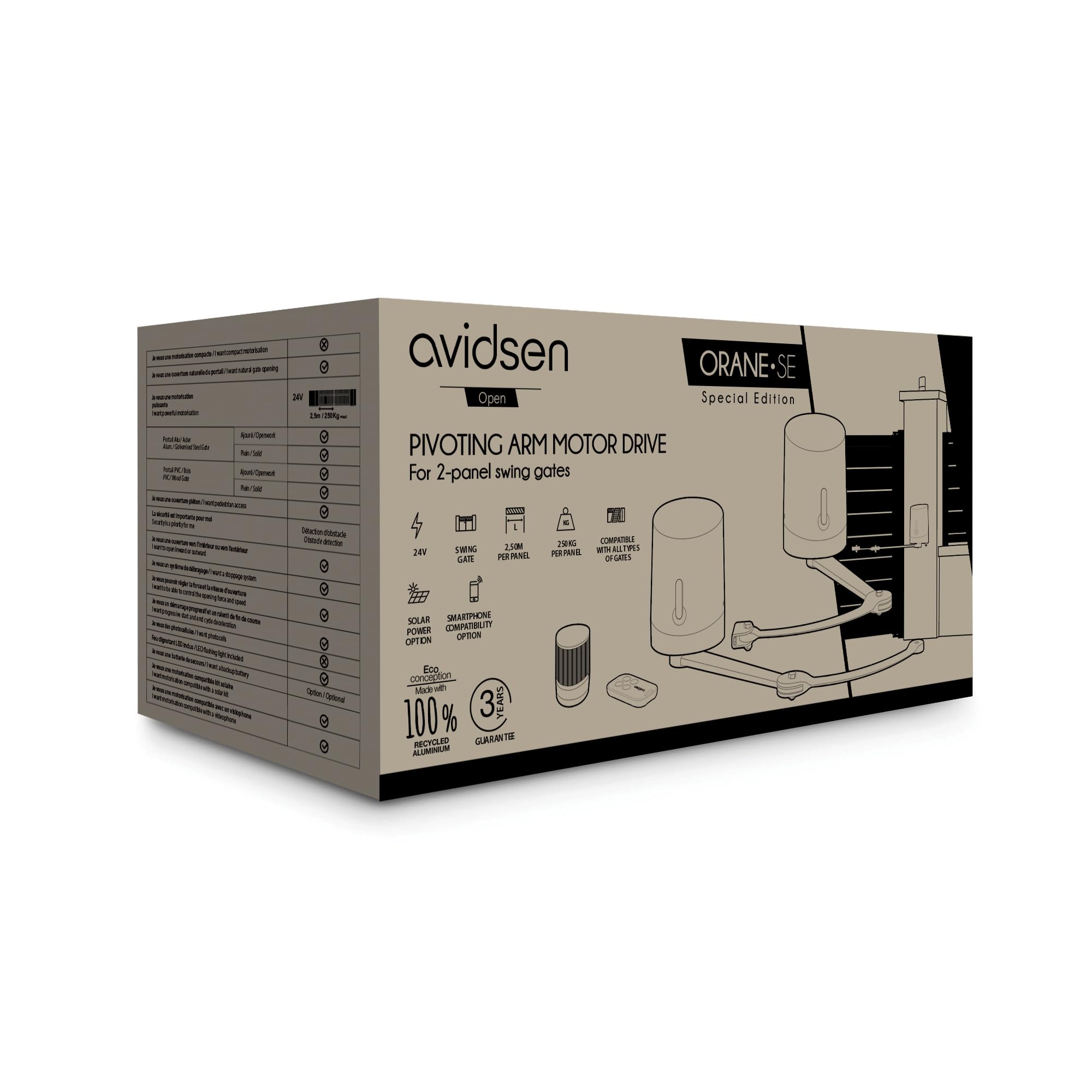 Avidsen Orane‑SE 114203 – Automazione Cancello a Battente Fino a 2,5 m / 250 kg Bracci Articolati, Telecomando, Lampeggiante