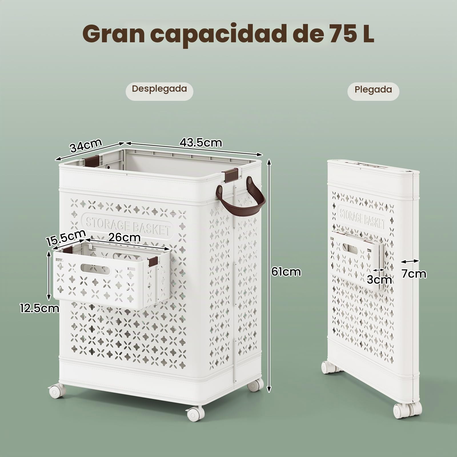 GIANTEX Cesto para la Colada Plegable de 75 L, Contenedor de Plástico con 4 Ruedas, Cesto Lateral y Asas, 43,5 x 34 x 61 cm, Cesta de Ropa Sucia para Baño, Lavandería, Dormitorio | Cesta para la ropa sucia de plástico con 1 cesta plegable y asas, 43,5 x 3