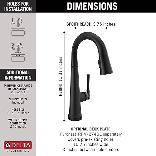 Miniatura 10 de Delta Faucet Emmeline - Grifo de barra negro mate con rociador extraíble, grifo de fregadero de barra negra de un solo agujero, grifos de barra