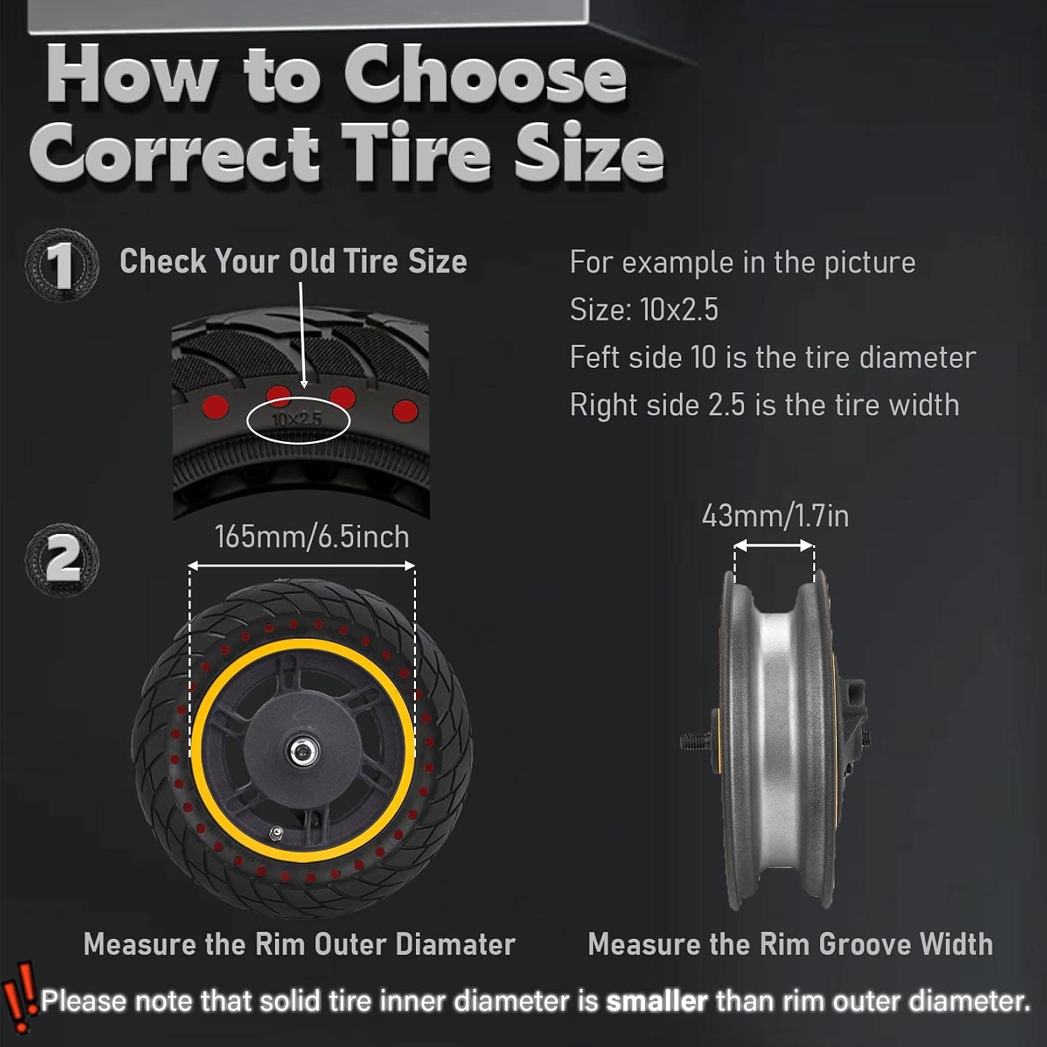 10x2.5 Inch 60/70-6.5 Solid Tire Fit for VOLPAM SP01 Aovopro ESMAX NAVEE S65C OKAI EA10 Ninebot MAX G30P/G30LP Electric Scooter, Inner diameter 15cm fit for 6.5” rim, Tubeless Tire Red 1pc