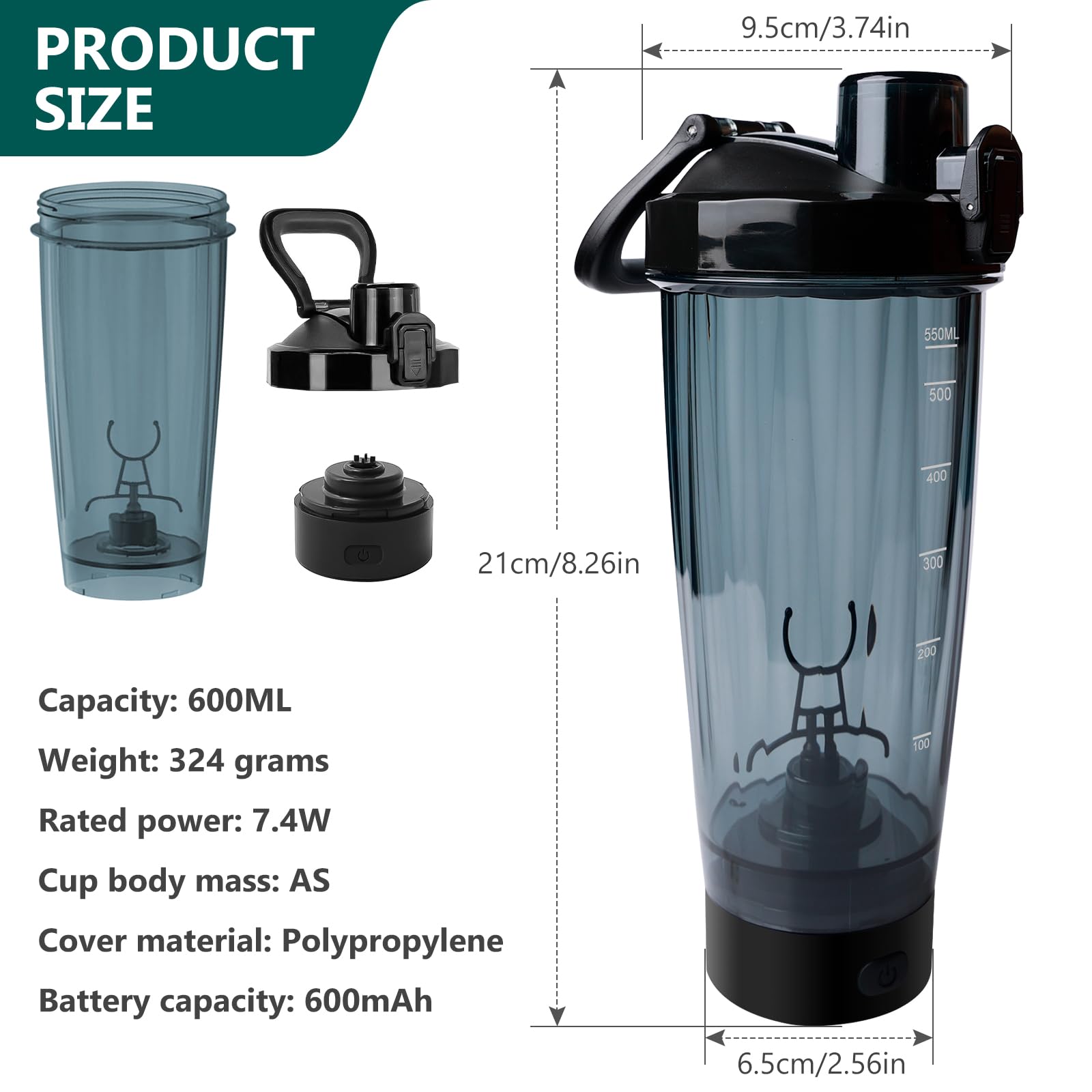BORDEAG Frullatore Elettrico Ricaricabile USB 650ML Tritan Senza BPA Nero