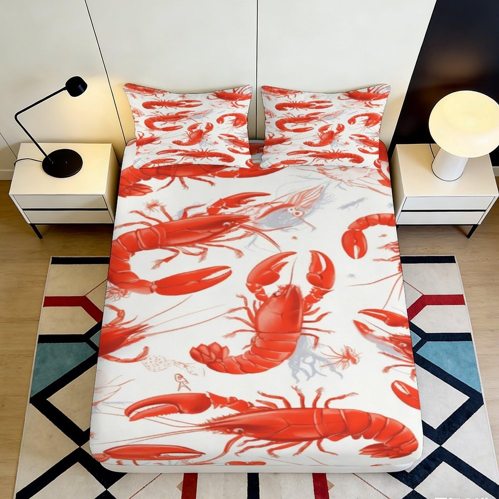 3D Printed Lobster Ocean Fitted Sheet Microfiber Soft Mattress Cover for Bedroom Dorm Room Decor Red Sea Animal Art 160x200x25cm