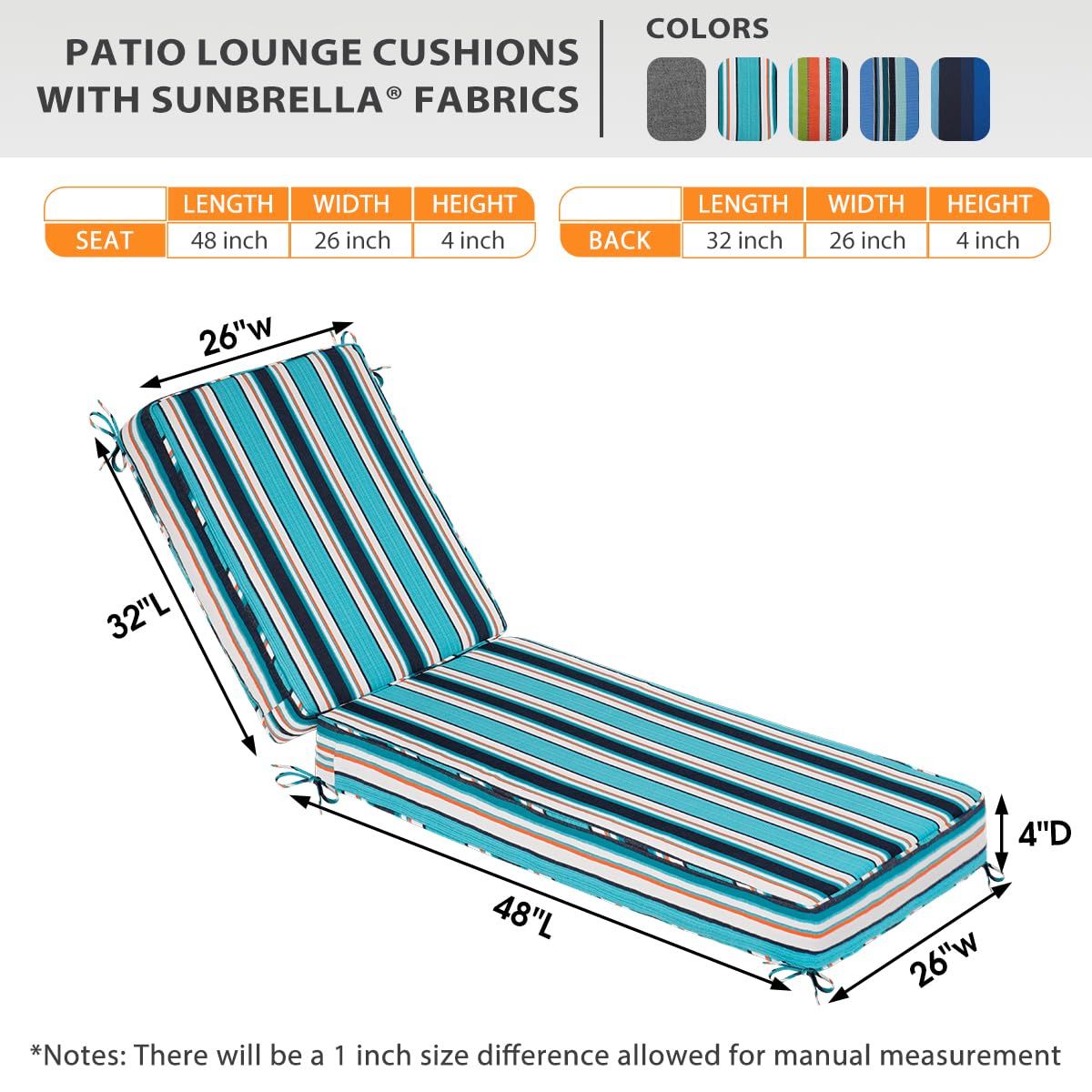 Sunbrella Token Surfside - Cojín para tumbona de acrílico para patio, resistente al agua con correas, 80 x 26 x 4 pulgadas, Token Surfside 7
