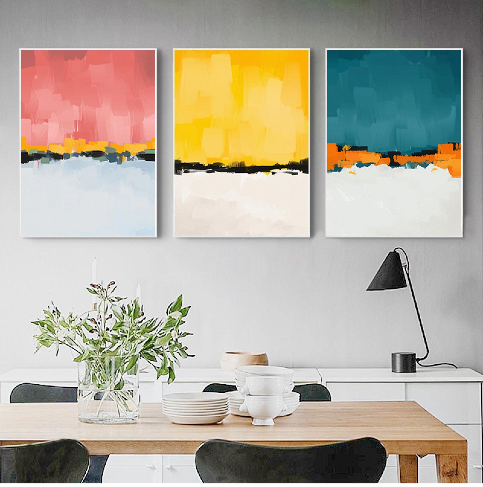 Guying Art Frameless Abstract Pink Yellow Blue Color Wall Art Canvas Painting Minimalist Posters And Prints Wall Picture For Living Room Decor 40X60cm(16X24in) X3