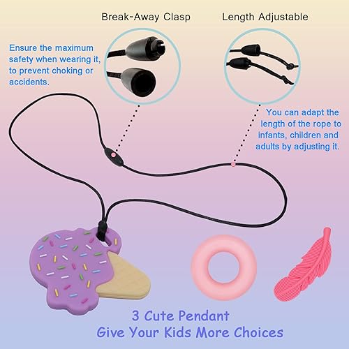 Miniatura 5 de Collares masticables para niñas sensoriales, paquete de 4 collares masticables sensoriales para niños, juguetes de silicona para masticar orales