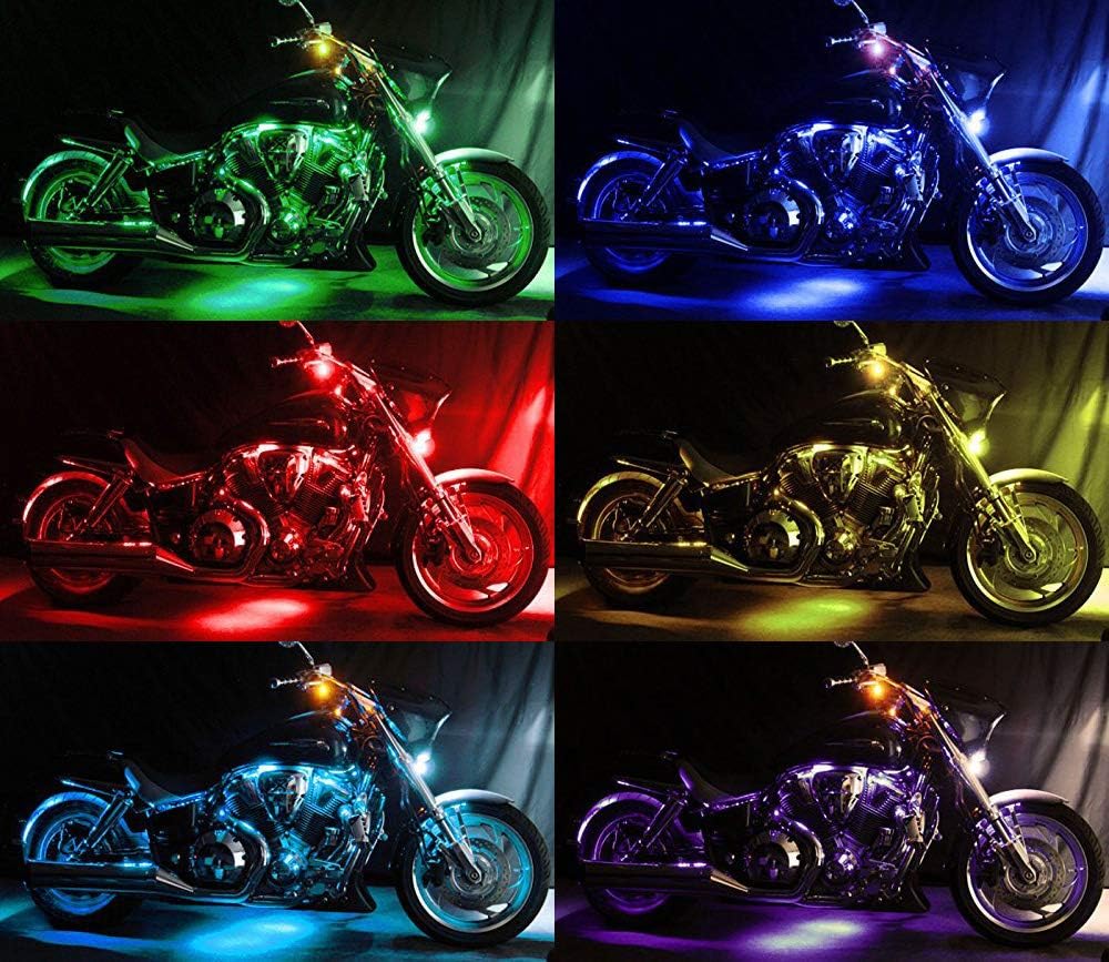 iJDMTOY 8pc Motorcycle Underglow LED Strip Light Kit RGB Neon Accent Light Ground Effect Atmosphere Lighting Kit for Motorbike Trikes Golf Carts ATVs UTVs Decoration