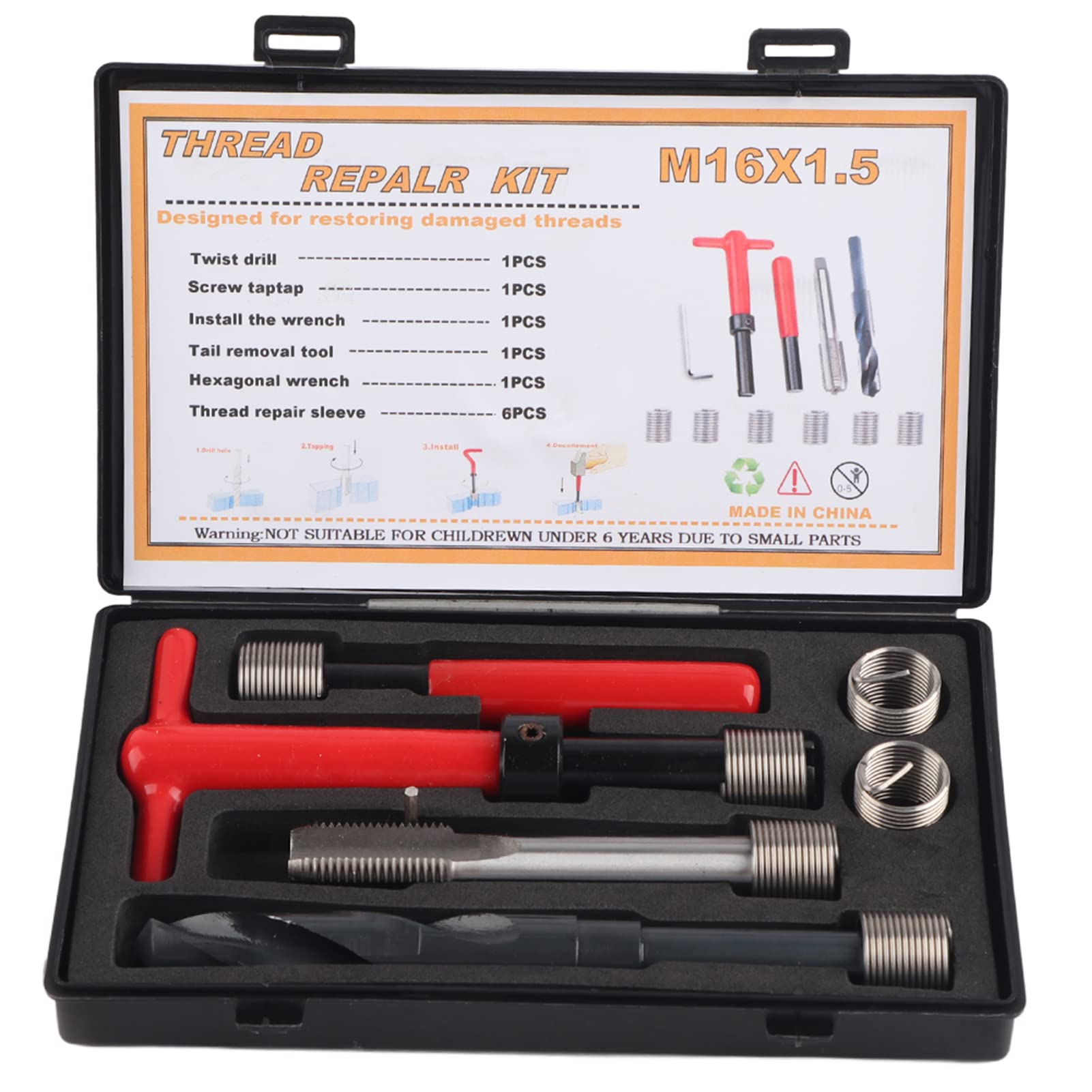 Evtscan 11Pcs Thread Repair Kit,M16x1.5 Length 1.5D Stainless Steel Twisted Drill Tap Wrench Threaded Insert Tool,Metric-Imperial Units Conversion Helicoil Repair Kit