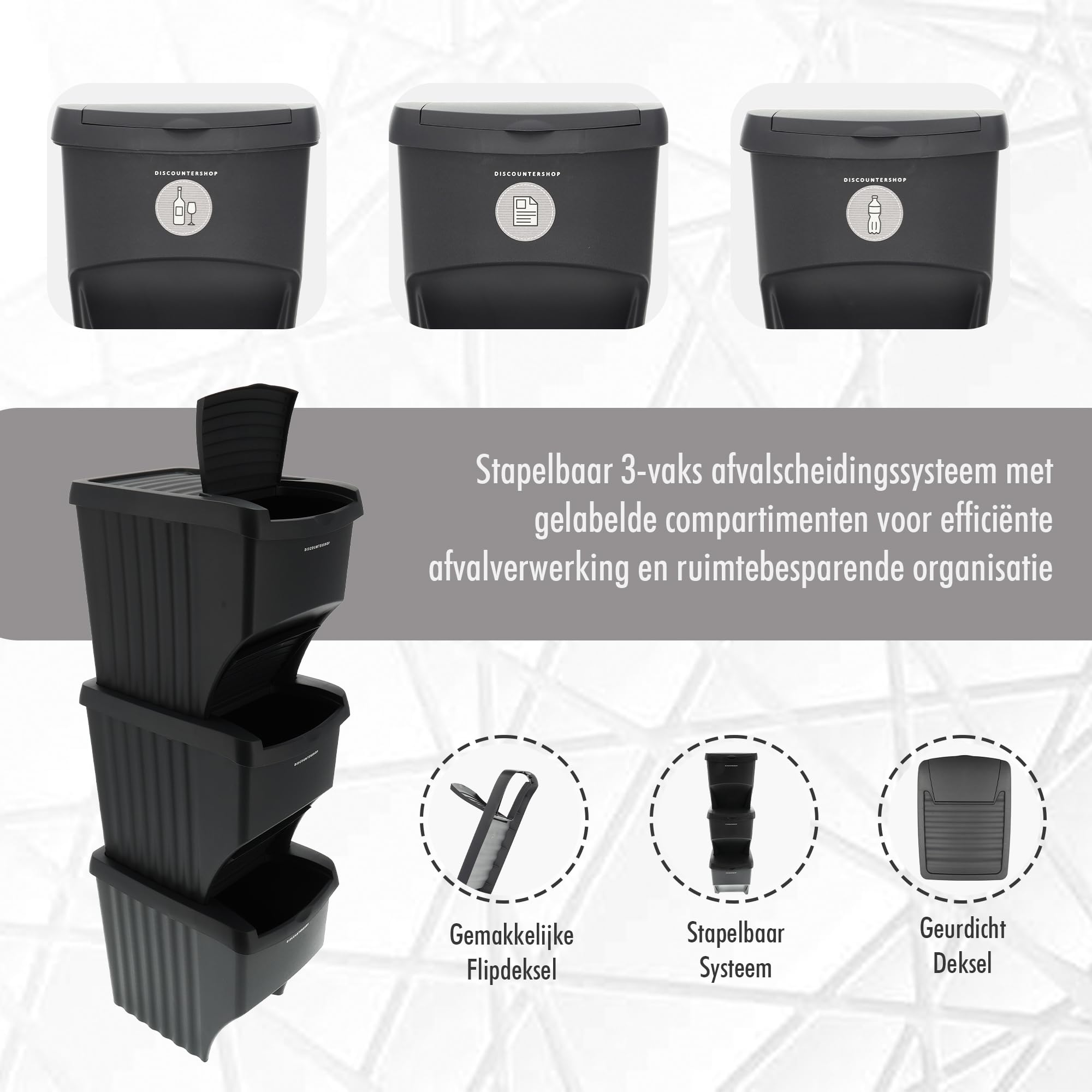 Set di 3 bidoni della spazzatura, colore nero, 3 x 22 litri, impilabili, bidoni per il riciclaggio e la raccolta differenziata