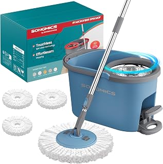 Spin Mop Bucket Set with Pedal Wringer, Floor Cleaning Mop, Adjustable Telescopic Handle 122.5-150 cm, 360° Rotating Head, 3 Microfibre Pads, Grey and Blue LMB002QT03