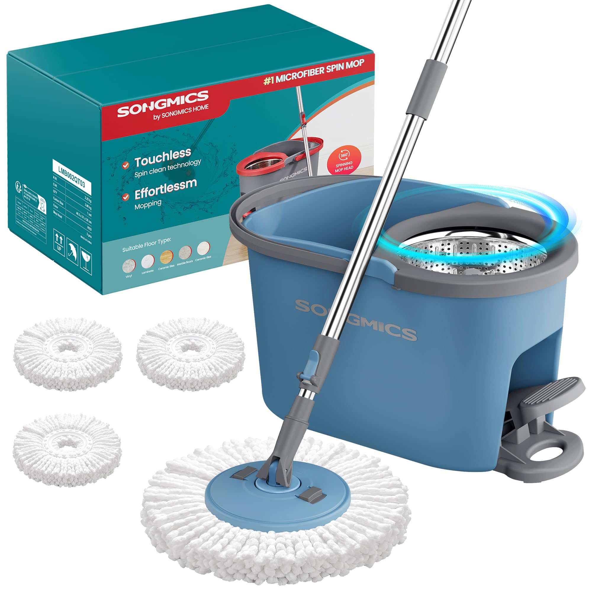 SONGMICS Ensemble Serpillère et Seau, avec Essoreur Rotatif, Balai Serpillière, Seau à Pédale, Manche Télescopique 122,5 à 150 cm, Tête Rotative 360°, 3 Chiffons Microfibres, Bleu et Gris LMB002QT03