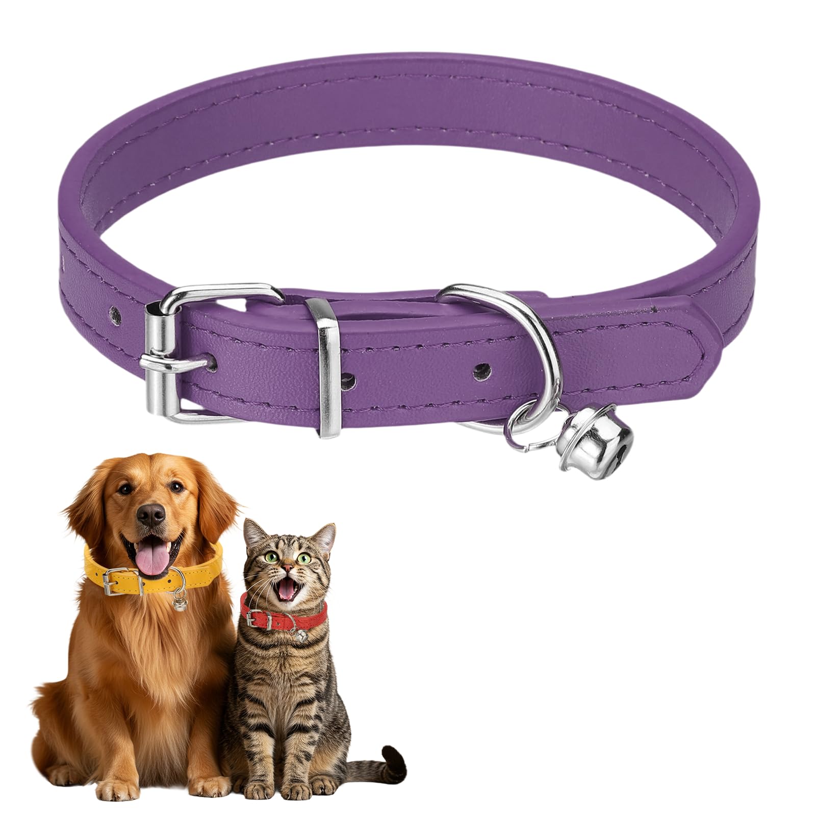 sourcing map Dog Collar with Bell, Pu Leather Cat Collars Pet Basic Soft Padded Adjustable Buckle, 14.5" (Purple, 1 Pcs), Intended for Teacup/Little Dog/Kitten Cats/Small Animals