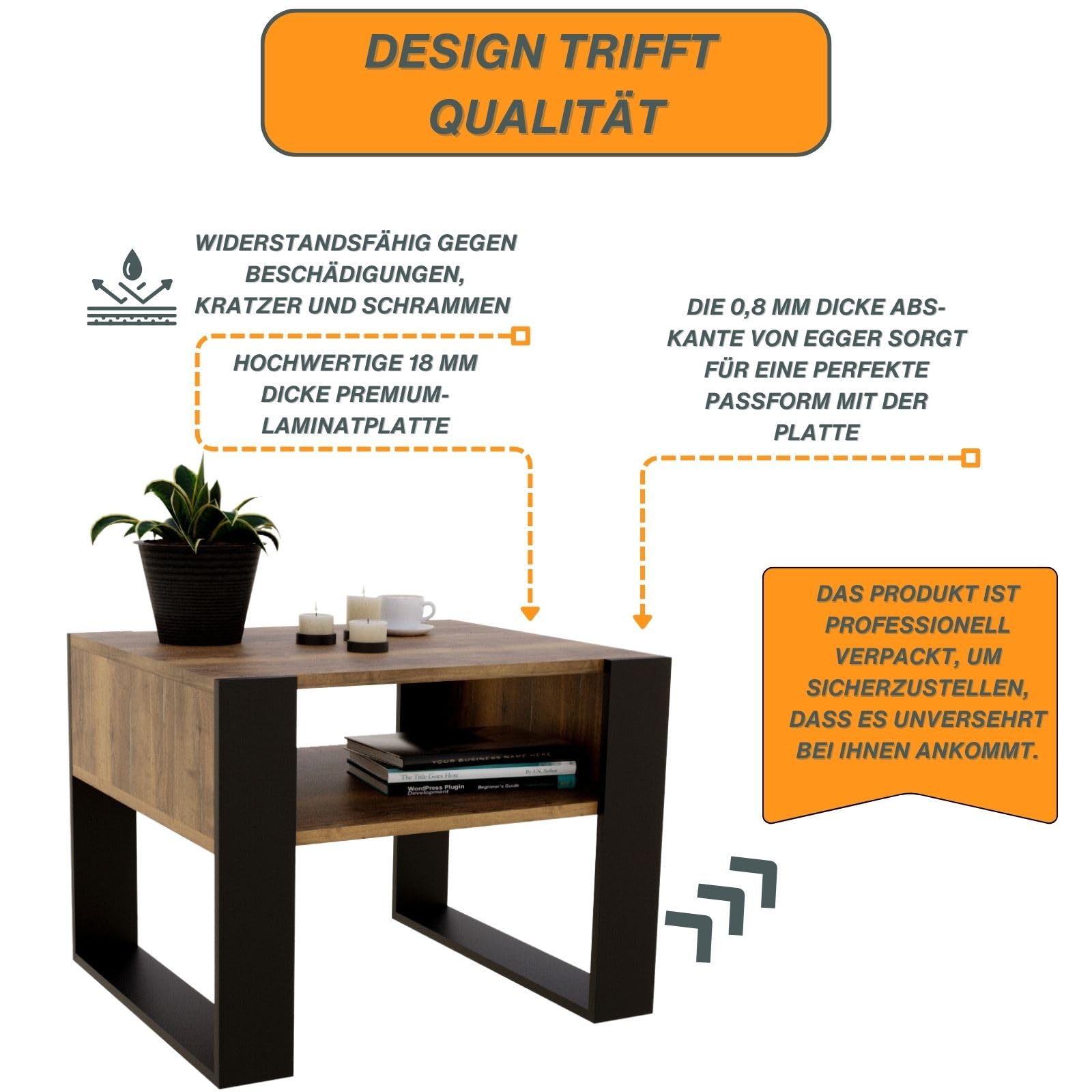 CraftPAK Wohnzimmer Tisch für Couch aus hochwertigem Holz, Stabiler & moderner Couchtisch mit zusätzlicher Ablagefläche, Farbe Retro-Schwarz